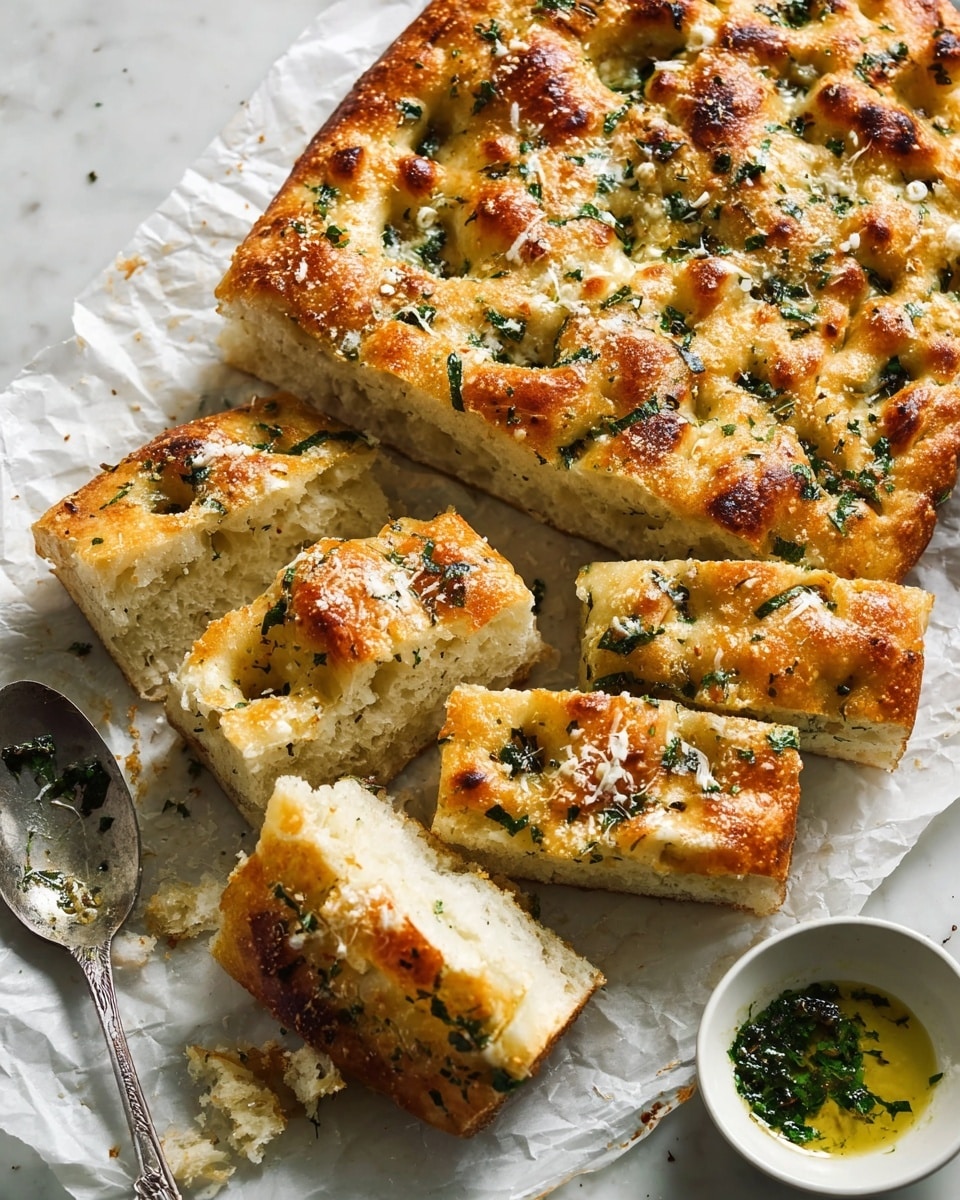 A golden-brown focaccia bread is shown, partially sliced into thick rectangular pieces. The top layer is bubbly and slightly crispy with patches of toasted golden spots, sprinkled with finely chopped green herbs and grated white cheese. The bread’s inside is light with a soft, airy texture and a pale cream color. The focaccia rests on crumpled white parchment paper placed on a white marbled surface. A small round white bowl with green herbs sits nearby, alongside a metal spoon with some crumbs and oil on the paper. photo taken with an iphone --ar 4:5 --v 7