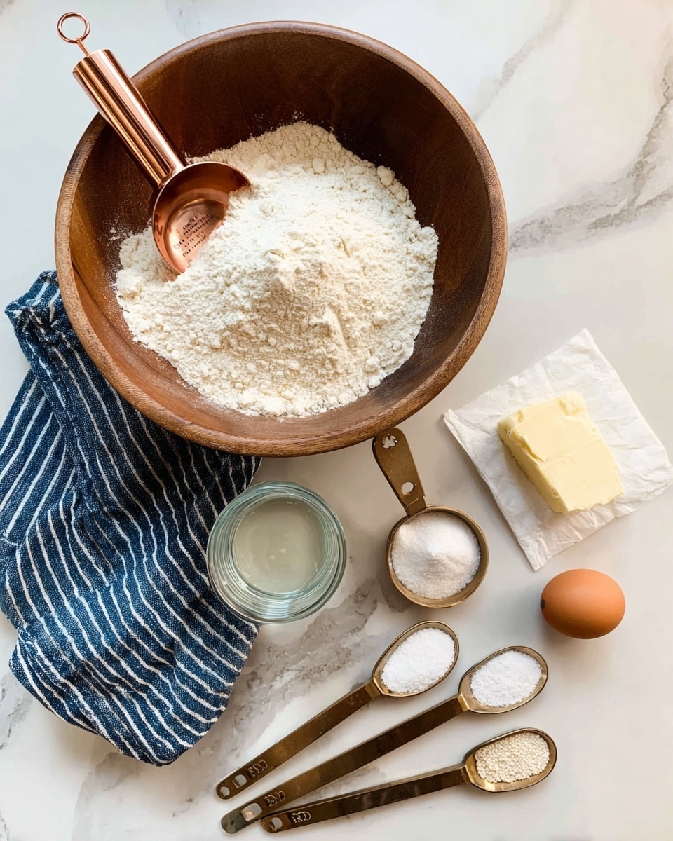 A wooden bowl sits on a white marbled surface with a striped blue and white cloth beside it. Inside the bowl is a small pile of white flour with a copper measuring cup resting on top. Below the bowl on the marble surface are small wooden-handled measuring spoons containing dry yeast and salt, a larger one holding white sugar, and another holding milk. Next to these is a small glass jar with clear water, a small piece of butter on white paper, and a single brown egg. The setup is neat and ready for baking preparation photo taken with an iphone --ar 4:5 --v 7