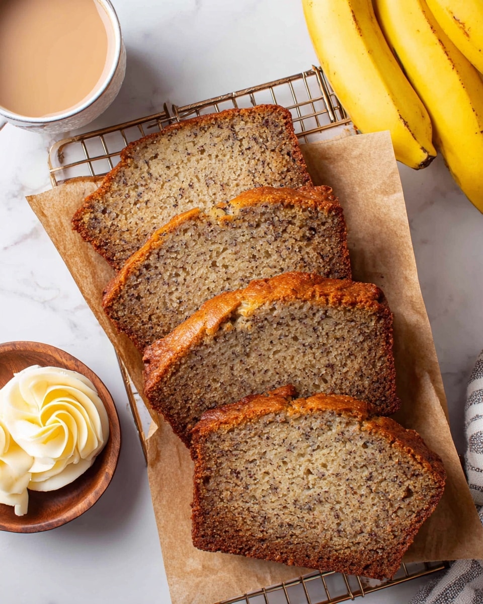 The image shows five slices of banana bread arranged in a slight overlapping fan shape on a piece of brown parchment paper, placed on a wire rack. The banana bread slices have a golden brown crust with a slightly darker brown texture inside, showing small specks of banana. Next to the bread, there is a small round wooden bowl holding three curls of pale creamy butter. On the top right edge, a bunch of ripe yellow bananas is partially visible. To the top left of the bread, there is a white cup filled with light brown coffee. Everything is set on a white marbled surface. Photo taken with an iphone --ar 4:5 --v 7