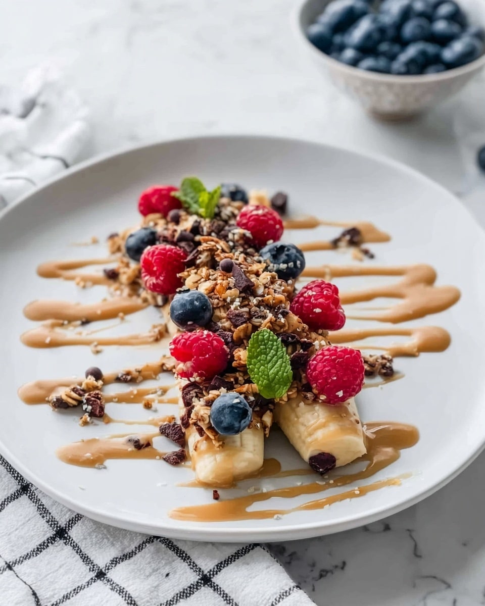 The dish shows two banana halves placed side by side on a white plate, forming a base layer. On top of the bananas, there is a mound of granola mixed with small dark chocolate bits, fresh raspberries, and blueberries. A light brown sauce is drizzled over the entire stack and the plate, creating a flowing pattern. Small mint leaves are placed on top for garnish. The plate sits on a white marbled surface with a white and black checkered cloth underneath, and a bowl of blueberries can be seen in the background. photo taken with an iphone --ar 4:5 --v 7