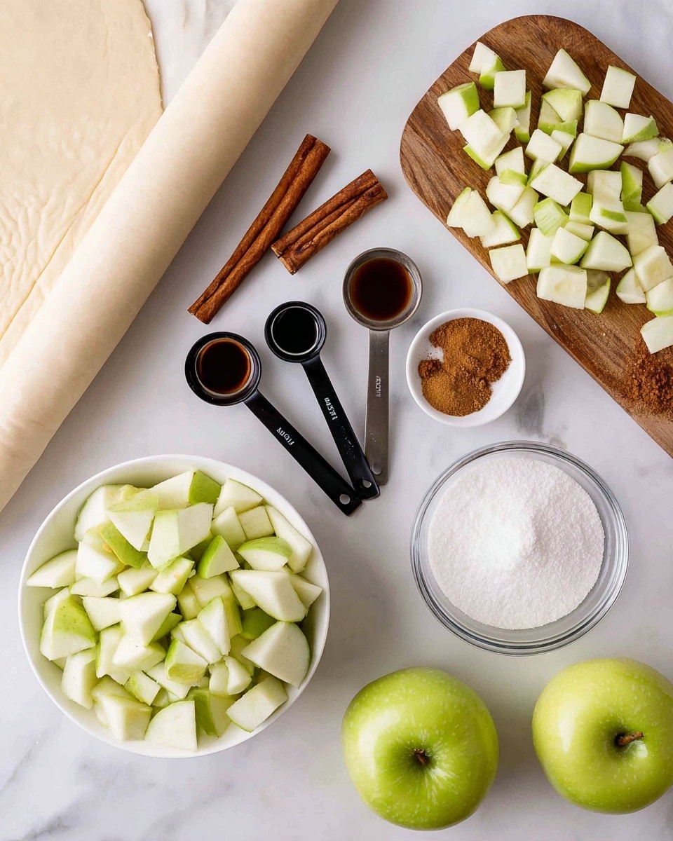 This image shows the ingredients for making an apple dessert arranged on a white marbled surface. On the left side, there is a rolled-out dough layer in an off-white color with a soft, smooth texture. Near it, several cinnamon sticks appear in a warm brown color with a rough surface, placed diagonally. At the center bottom, a white bowl is filled with light green and white chopped apple pieces, showing a mix of smooth skin and soft inside. Above and to the right, a small wooden board holds more chopped apple cubes similar in color and texture. Next to the board are three black measuring spoons containing ground cinnamon (dark orange-brown), a dark liquid (likely vanilla or syrup), and brown sugar (light brown, grainy). To the right side of the spoons, a clear glass bowl of white granulated sugar sits with a fine texture. Finally, there are whole light green apples with a smooth, shiny surface positioned near the edges. The photo taken with an iphone --ar 4:5 --v 7