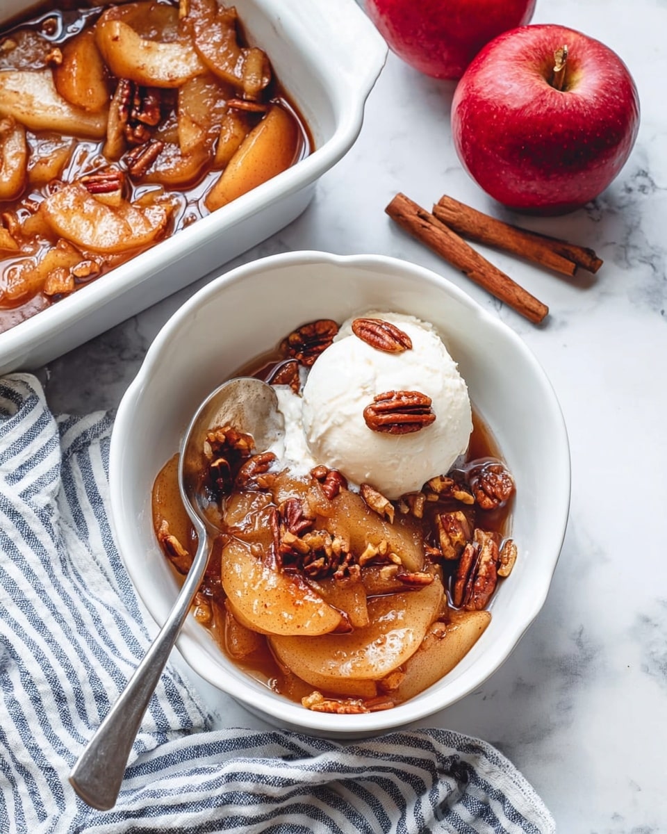 A white bowl filled with two layers: the bottom layer is soft, cooked apple slices in a shiny brown sauce mixed with pecans, with some pecans visible on top, and the top layer is a round scoop of white ice cream with a few pecans placed on it; a silver spoon rests inside the bowl. In the upper left corner, a white rectangular baking dish holds more cooked apples with a similar brown sauce. Two whole red apples and a cinnamon stick are positioned on the white marbled surface near the bowl. A folded cloth with blue and white stripes lies partially under the bowl and baking dish. photo taken with an iphone --ar 4:5 --v 7