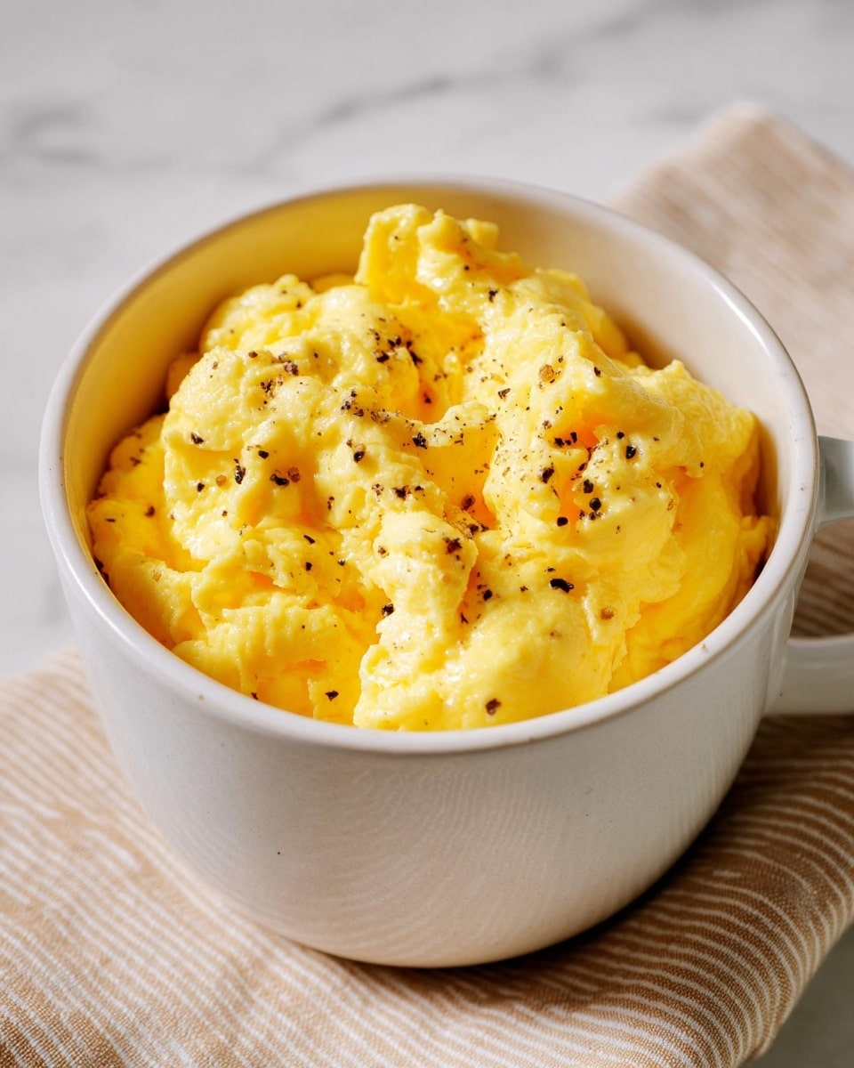 A white ceramic mug filled with fluffy scrambled eggs, showing multiple soft, slightly uneven layers of bright yellow egg with a light, creamy texture. The top layer is sprinkled with small black pepper specks for contrast. The mug sits on a white marbled surface, next to a beige and white striped cloth napkin. The lighting highlights the smooth yet fluffy folds of the eggs inside the mug photo taken with an iphone --ar 4:5 --v 7