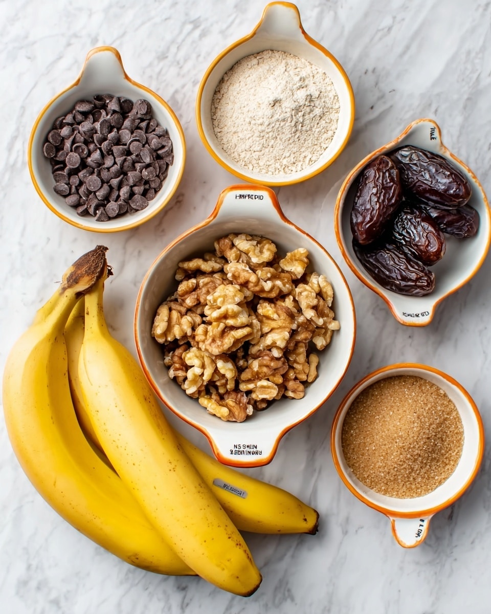 The image shows five small white bowls arranged on a white marbled surface with three ripe bananas placed next to them. The largest bowl in the center is filled with light brown, roughly chopped walnuts. To its top left, there is a smaller bowl holding dark brown chocolate chips. Below the walnuts, a bowl contains a fine, off-white flour. To the left of the flour bowl, there is a bowl with dark, shiny dates. At the top right corner, a bowl is filled with light brown granulated sugar. Each bowl has an orange outline and measurement markings on the handles. photo taken with an iphone --ar 4:5 --v 7