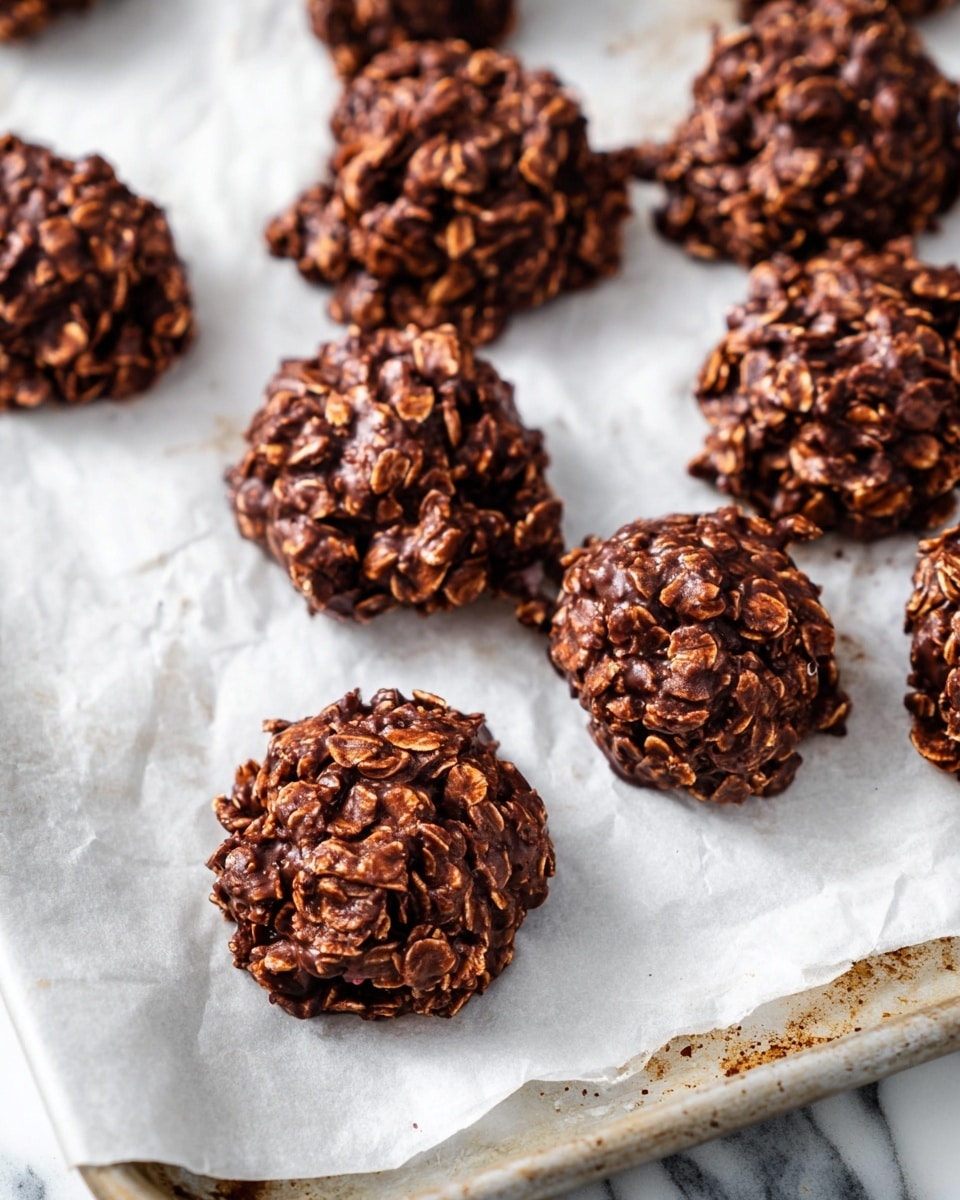 The image shows a close-up of several dark brown oatmeal chocolate clusters arranged on white parchment paper that covers a baking tray. Each cluster is round and bumpy, with visible oats mixed throughout a dense chocolate base. The clusters vary slightly in size but are roughly the same shape, forming a small pile in the center with a few others scattered around the edges on the parchment. The parchment and tray sit on a white marbled surface. The overall look is rustic and homemade. photo taken with an iphone --ar 4:5 --v 7