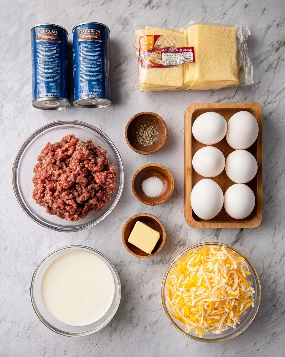 The image shows ingredients for a meal arranged neatly on a white marbled surface. At the top left, two blue cans of dough sheets lie next to each other. Below them is a package of country sausage gravy mix in yellow and red colors. In the center, there is a glass bowl with raw ground meat, and below it, a wooden tray holding six white eggs. To the right of the eggs, there are two small wooden bowls, one with black pepper and the other with salt. A small square of butter sits beside them. At the bottom left is a clear glass bowl filled with white cream, and next to it on the right is a larger glass bowl holding shredded yellow and white cheese. photo taken with an iphone --ar 4:5 --v 7