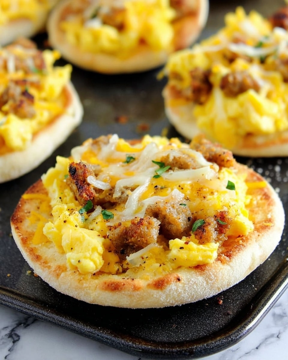 The image shows a close-up of a small breakfast pizza on a dark baking tray, placed on a white marbled surface. The base is a round, light golden English muffin with a slightly crispy edge and soft inside. The first layer on top is scrambled eggs, bright yellow and fluffy, covering most of the muffin. Scattered on and around the eggs are chunks of cooked sausage, brown with hints of seasoning. Lightly melted shredded cheese blends with the eggs and sausage, adding a soft, shiny texture. More similar breakfast pizzas are partially visible in the background, slightly blurred. photo taken with an iphone --ar 4:5 --v 7