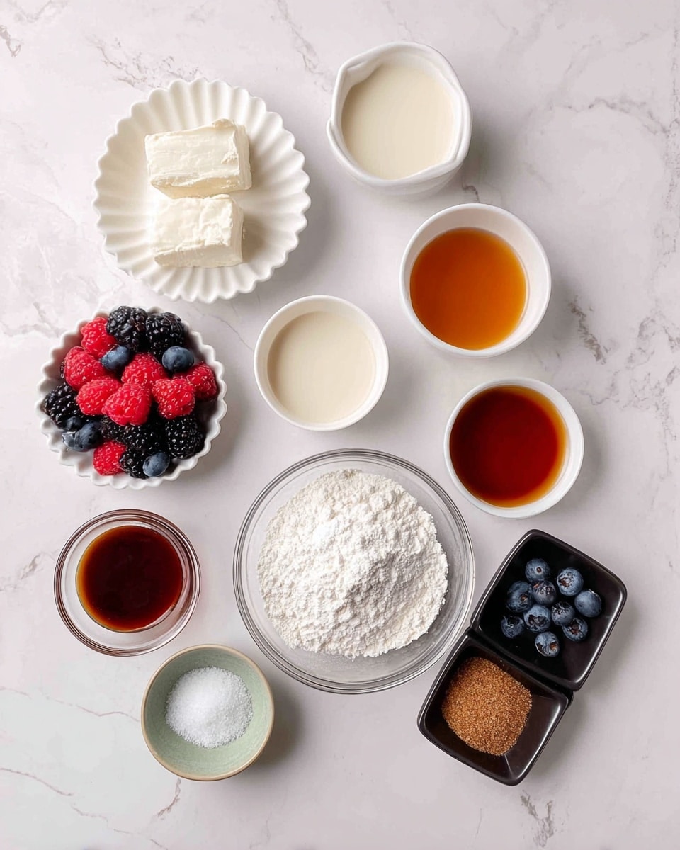 Several small white bowls and dishes are arranged on a white marbled surface. In the top left, a white scalloped dish holds two pieces of white cheese. To its right, a small white bowl contains a light cream-colored liquid, and next to it, another white scalloped dish holds a similar liquid. Below, a clear glass bowl filled with white flour is centered. To its bottom left, a white bowl contains a dark amber liquid, and to the right, a white bowl with a darker amber liquid sits. A small, round white and green bowl shows a pinch of coarse salt. At the bottom left, a white scalloped dish has a mix of fresh red raspberries, blackberries, and blueberries. On the bottom right, a black divided dish holds brown and white sugar. Photo taken with an iphone --ar 4:5 --v 7