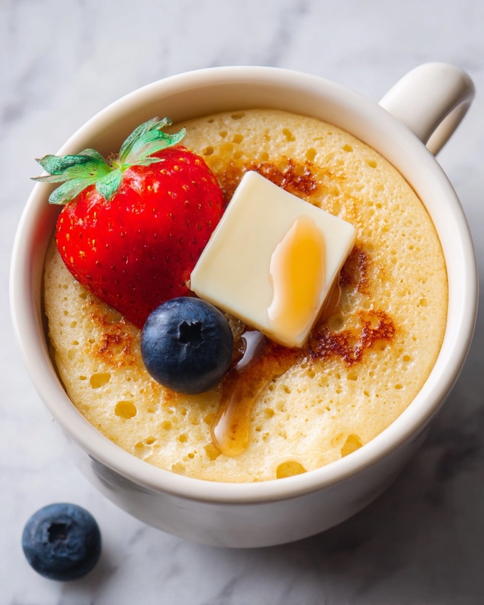 A white cup filled with a single layer of golden brown pancake with a slightly bubbly texture on top. On the pancake, there is a square piece of pale yellow butter melting with light amber syrup dripping down the sides. There are two plump, deep blue blueberries and one bright red strawberry with a green leaf on the pancake as well. The cup is placed on a white marbled surface, and a loose blueberry lies nearby. Photo taken with an iphone --ar 4:5 --v 7