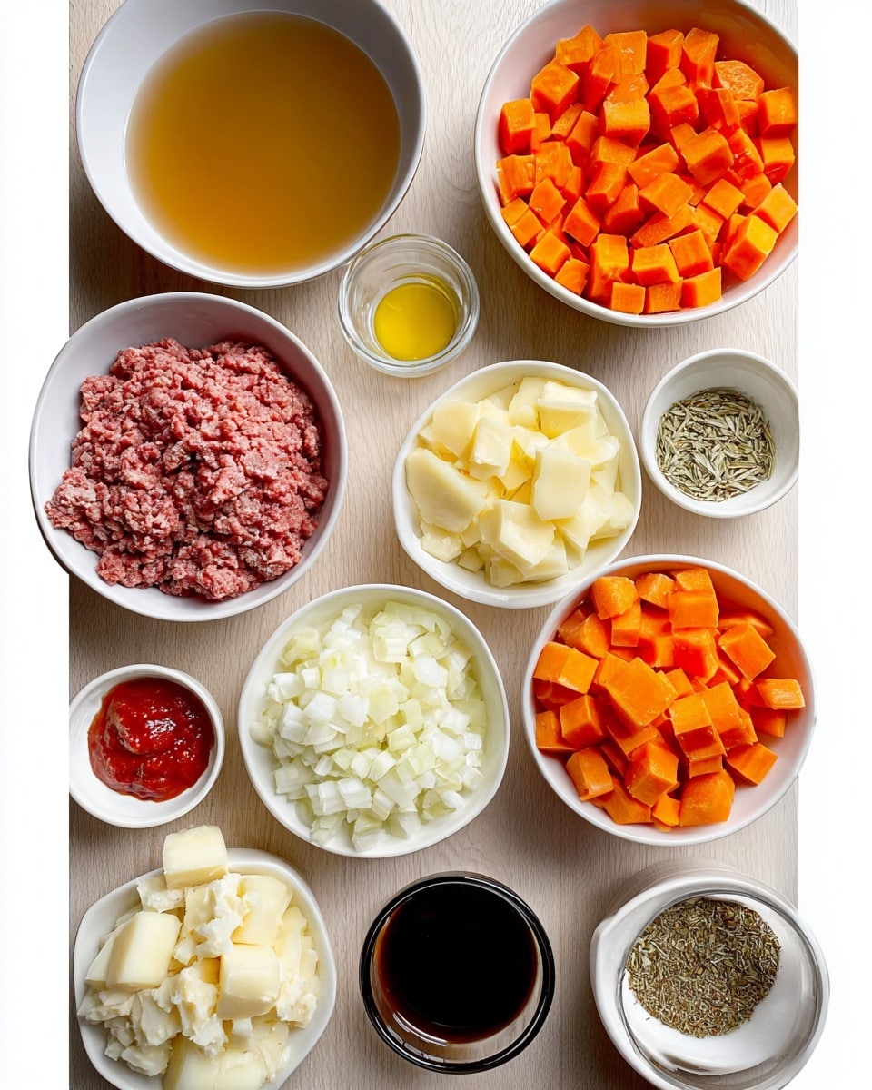 The image shows several white bowls arranged on a light wood surface, each containing different ingredients for a recipe. There is one bowl with light brown broth, one with red ground meat, two bowls with peeled and cut potatoes of different sizes, one bowl filled with orange carrot cubes, one bowl with diced white onions, one bowl with diced white cheese and cream with a few yellow butter slices on top, one small bowl with tomato paste and minced garlic, a bowl with dried herbs and spices including bay leaves, and a very small bowl with dark brown liquid, likely soy sauce or vinegar. All the bowls are neatly placed close to each other, showing different textures and colors of the raw ingredients. photo taken with an iphone --ar 4:5 --v 7