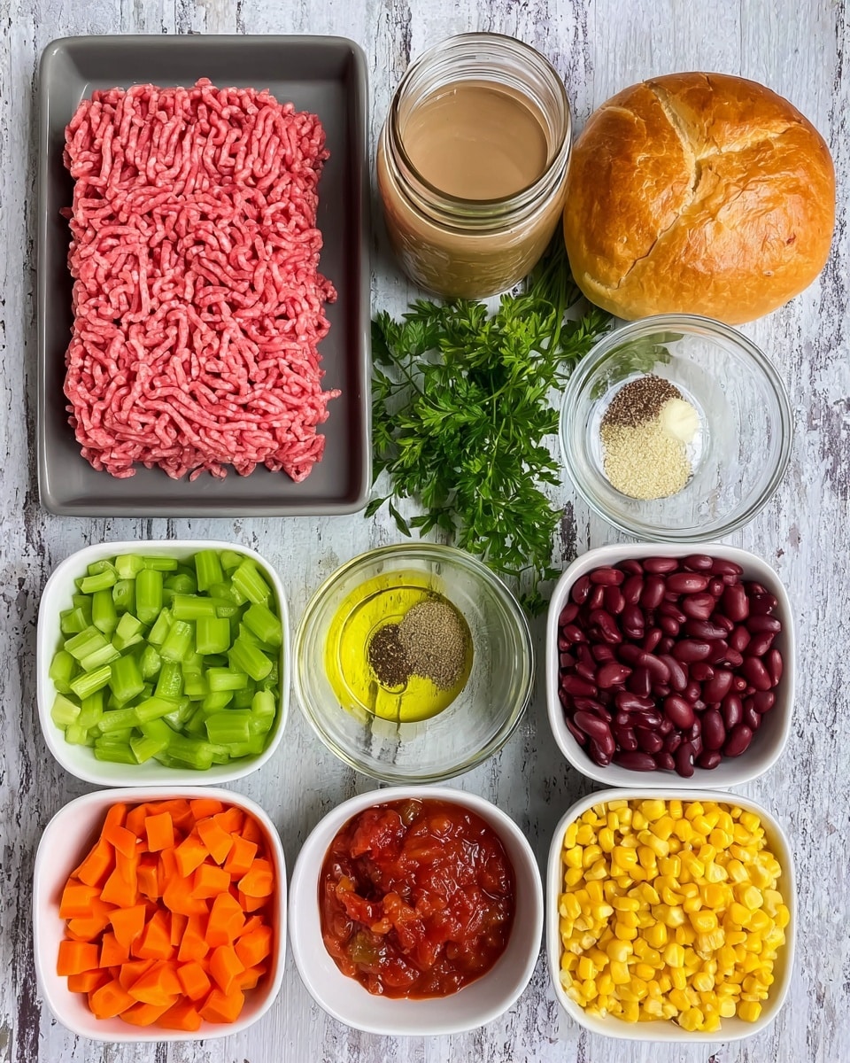 The image shows various ingredients neatly arranged on a white marbled surface. At the center is a gray tray holding a block of raw minced meat, bright pink in color with a texture of thin strands. Above it, a mason jar filled with a light brown liquid stands next to a round, light golden-brown bun with a slightly cracked top. To the right, two small white bowls contain dark red kidney beans and bright yellow corn kernels, stacked side by side. Below them is another small white bowl filled with chunky diced tomatoes in red sauce. On the left, a white rectangular dish holds chopped green bell peppers, crinkle-cut carrot slices in bright orange, and celery pieces in light green. Above this dish, three small clear glass bowls sit on a black rectangular plate; from top to bottom, they contain a pale yellow oil, chopped white onion and garlic, and a mix of black pepper, salt, and dried herbs. A green sprig of parsley lies between the bowls and the minced meat. Photo taken with an iphone --ar 4:5 --v 7