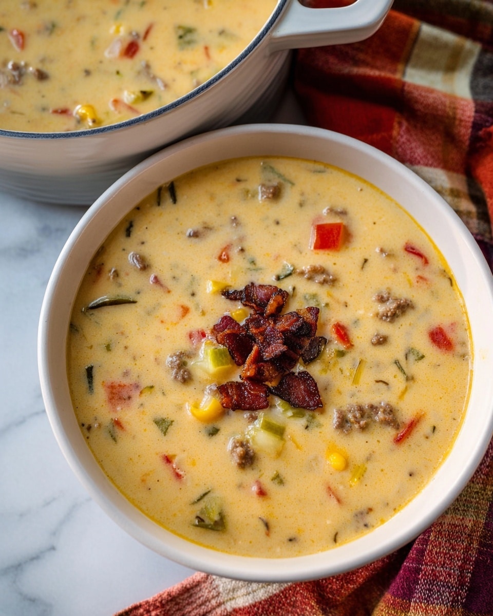 A bowl filled with thick creamy soup showing a light yellow base mixed with small chunks of red, green, and yellow vegetables and bits of ground meat throughout. On top, there is a small pile of crispy dark brown bacon pieces at the center. The bowl is white and sits on a white marbled surface next to a larger bowl, also white, containing more of the same soup, partially visible with a plaid cloth beneath it. The photo taken with an iphone --ar 4:5 --v 7
