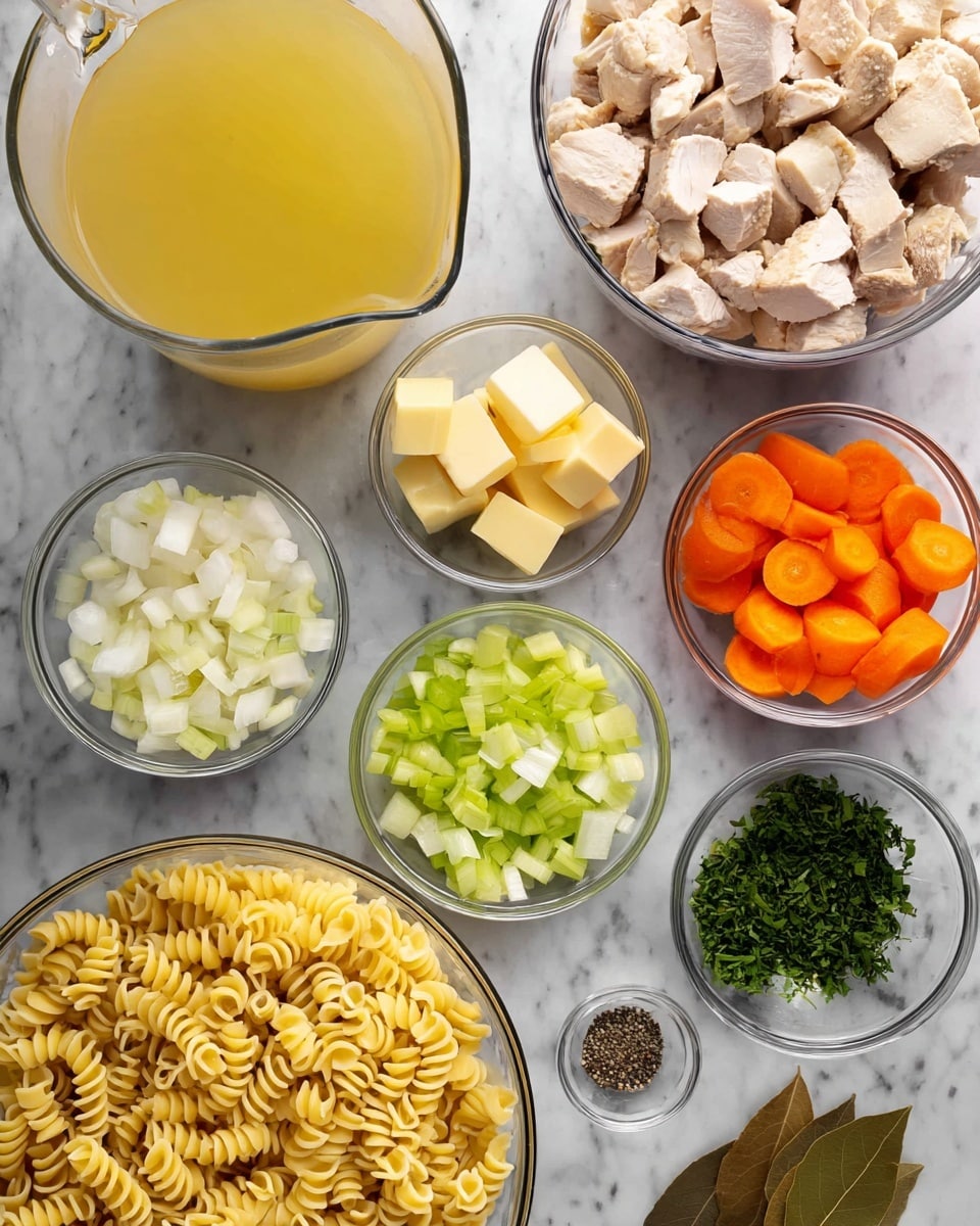 This image shows many small clear bowls with different ingredients on a white marbled surface. The biggest bowl filled with dry yellowish spiral pasta is at the bottom left. Next to it on the right is a large bowl of cubed cooked chicken with a light brown outside. Above the pasta is a bowl with three cubes of pale yellow butter. At the top right, there is a bowl of bright orange carrot slices. Next to the carrots is a bowl of white chopped onions. At the center is a bowl of light green chopped celery pieces. Below the celery is a small clear bowl of minced light yellow garlic, and to its right are two brown bay leaves. Near the bottom center is a small bowl with black pepper. To the left of the garlic bowl, there is a small bowl of fresh chopped green herbs. A glass measuring cup with yellow broth is pouring into the frame from the top left corner. photo taken with an iphone --ar 4:5 --v 7