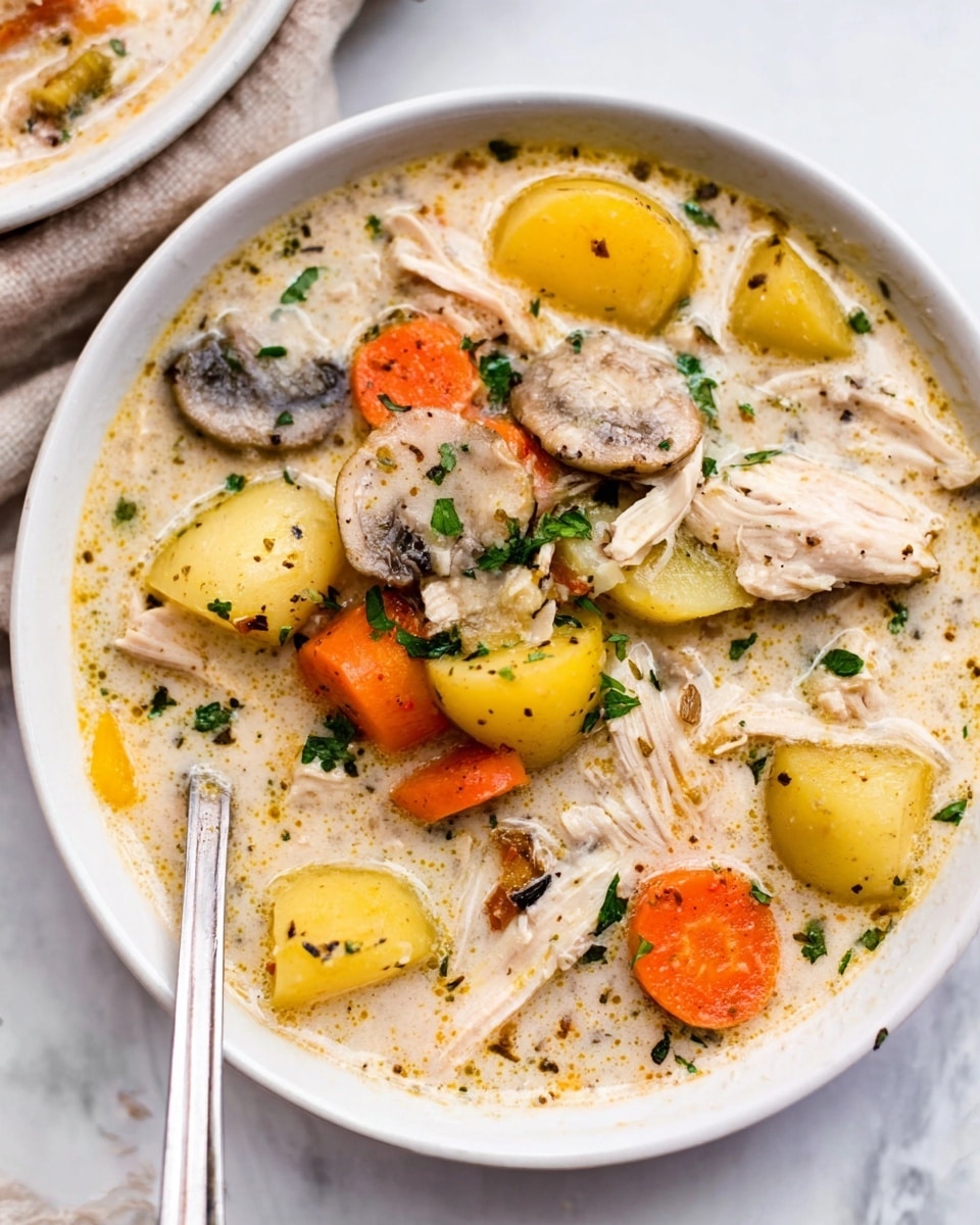 The image shows a white bowl filled with creamy chicken soup placed on a white marbled surface. The soup has several visible layers: large chunks of light brown cooked chicken pieces spread on top, several round slices of soft beige mushrooms, round orange carrot slices, and small yellow potato pieces. The broth is creamy white with small bits of green herbs sprinkled on top. A spoon is slightly visible inside the bowl on the left side. Photo taken with an iphone --ar 4:5 --v 7