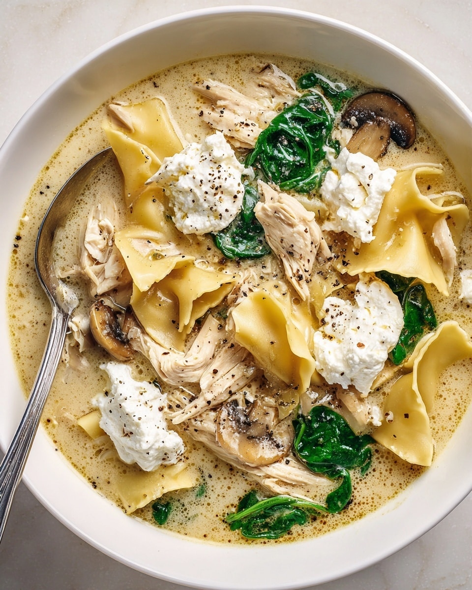 A white bowl filled with creamy soup containing wide, curly lasagna noodles that float on top in a light, thick broth. There are pieces of shredded light-colored chicken scattered around, along with bright green spinach leaves and thin slices of brown mushrooms. Dollops of white ricotta cheese are placed over the noodles and chicken, sprinkled lightly with ground black pepper. A silver spoon rests inside the bowl on the left side, partially submerged in the soup. The bowl sits on a white marbled surface photo taken with an iphone --ar 4:5 --v 7