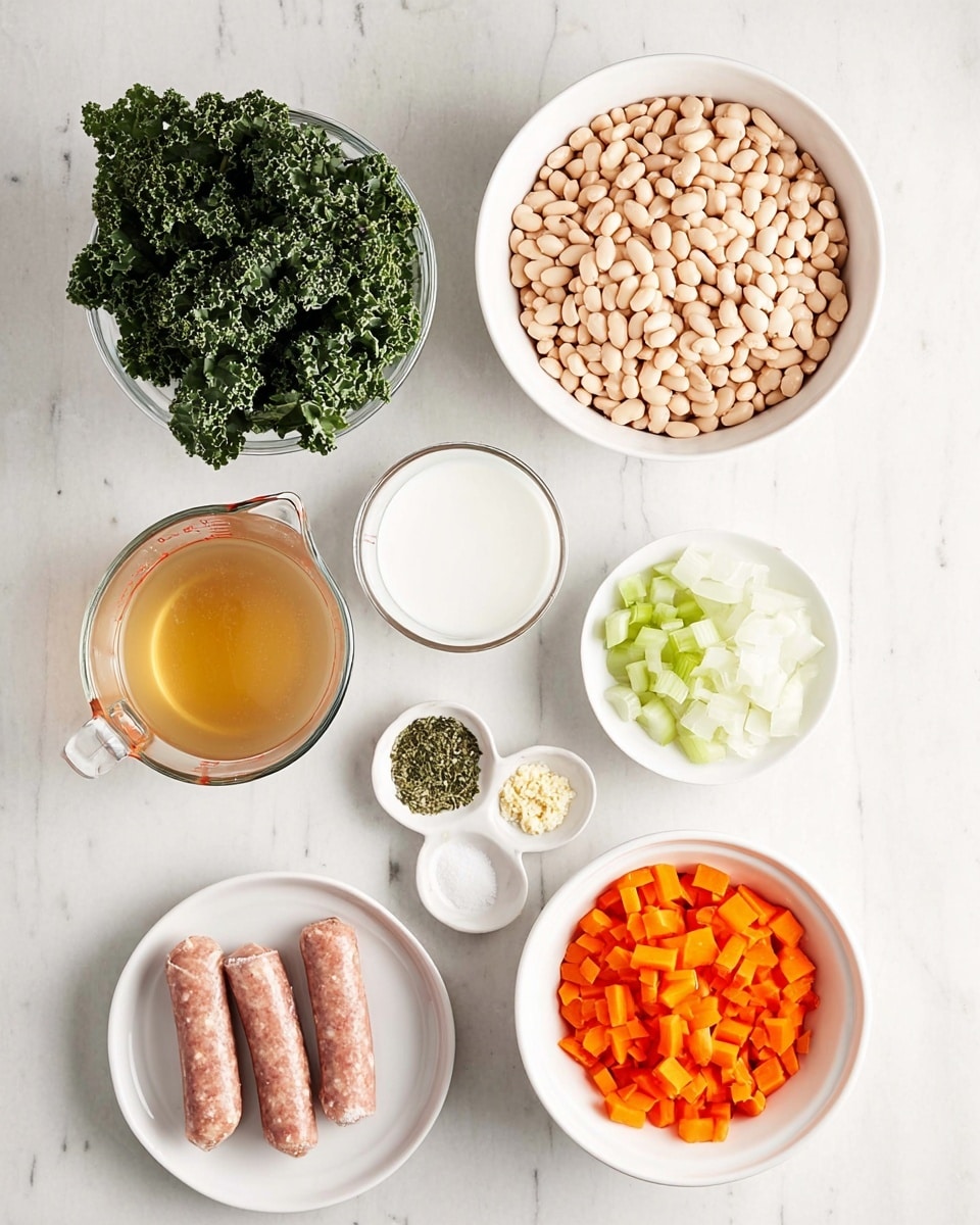 A white marbled surface holds several bowls and containers with cooking ingredients organized neatly: a large white bowl filled with light beige beans is at the top center, next to a white bowl on the right containing three sections of chopped orange carrots, white onions, and pale green celery; below this is a clear glass measuring cup filled with golden broth; on the bottom left sits a white bowl with three raw light pink sausages; above it is a small white dish holding three piles of seasonings—white salt, minced pale yellow garlic, and dried green herbs; next to it is a clear glass measuring cup with white milk; and at the top left is a small glass bowl full of dark green leafy kale. photo taken with an iphone --ar 4:5 --v 7