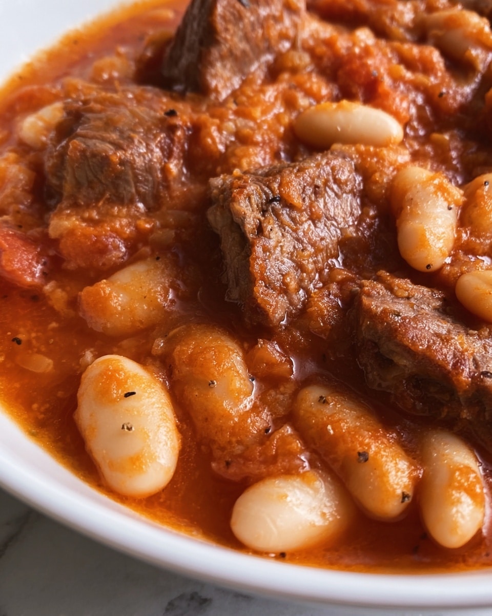 A close-up image of a thick stew served in a white bowl placed on a white marbled surface. The dish has visible layers including large white beans with a smooth texture, and juicy chunks of brown beef, all mixed in a rich, reddish-orange sauce with a slightly glossy and thick consistency. The beans and beef are spread evenly throughout the sauce, showing a hearty and comforting meal. Small black pepper specks are scattered across the surface of the dish. The photo taken with an iphone --ar 4:5 --v 7