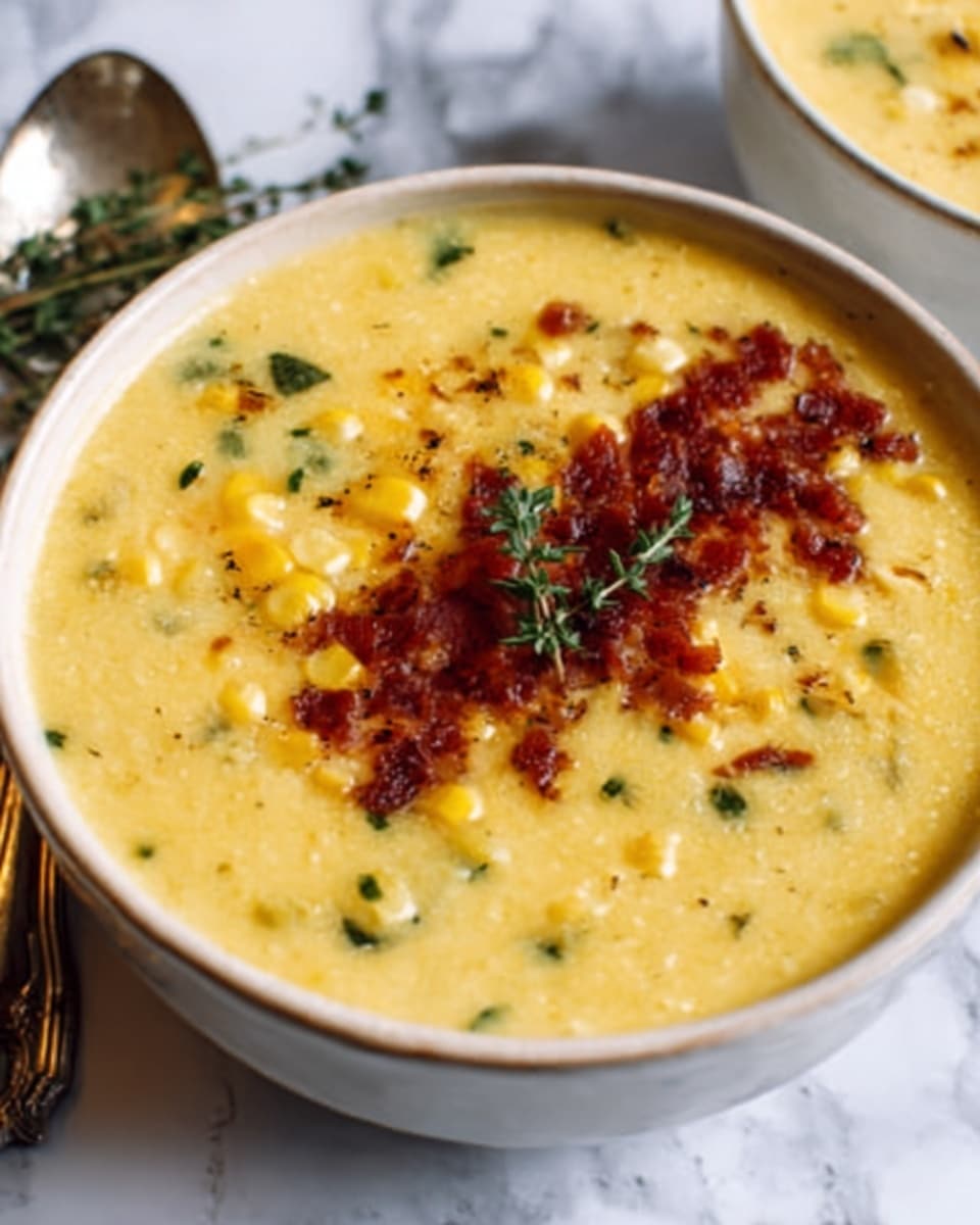 The image shows a close-up of a white bowl filled with creamy yellow soup that has small chunks of corn and some herbs mixed in. On the right side of the soup's surface, there is a crispy reddish-brown topping, likely bacon bits, adding texture and color contrast. Small green herb sprigs are scattered on top, and the bowl is placed on a white marbled surface. Next to the bowl is a silver spoon, and the photo has nice lighting that highlights the soup's smooth and chunky textures. Photo taken with an iphone --ar 4:5 --v 7