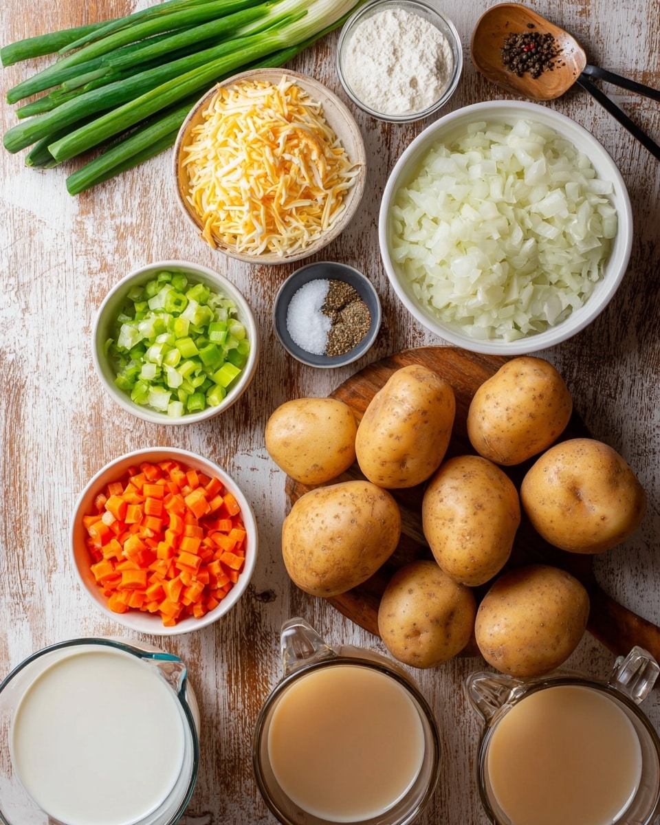The image shows a group of raw ingredients on a wooden surface with a white marbled texture. At the center, there are six medium-sized brown potatoes with a smooth texture. Surrounding them are small bowls and containers: one bowl at top right full of finely chopped white onions, below it a bowl with small chopped green celery, and to the left a bowl of small diced orange carrots. Above these bowls, there is a bunch of fresh green onions with white bulb ends facing down. In the top left, a small white bowl holds shredded cheese, next to a bowl with white sour cream. Containers of salt and cracked black pepper are placed nearby—the salt is in a small round bowl with a spoon inside. At the bottom left, a clear glass measuring cup is filled with milk, next to a measuring spoon filled with white flour. At the bottom right, two clear pitchers hold light brown broth liquid. The setting and items are neatly arranged and well lit, photo taken with an iphone --ar 4:5 --v 7