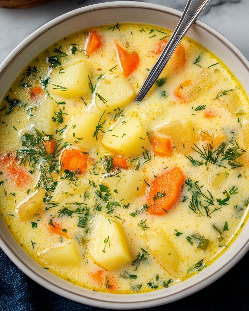 A white bowl filled with a creamy soup that has light yellow broth with a smooth texture, containing large chunks of pale yellow potatoes spread throughout. Bright orange carrot slices and small pieces of green herbs float on top, adding color and freshness. Tiny green bits of dill are sprinkled evenly over the soup. A silver spoon rests inside the bowl from the upper left, and a white marbled surface surrounds the bowl. Photo taken with an iphone --ar 4:5 --v 7