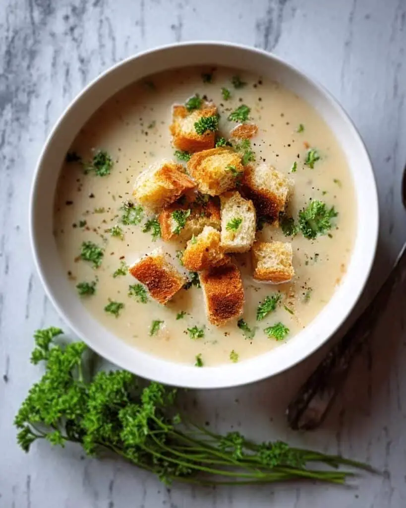 Creamy Garlic Bread Soup with Homemade Croutons Recipe