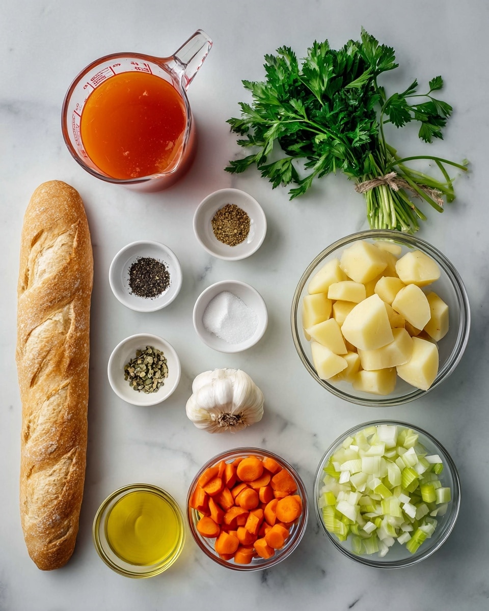 The image shows a flat lay of cooking ingredients on a white marbled surface. At the top left, there is a clear glass measuring cup filled with orange-red liquid. Next to it on the right is a small bunch of fresh green parsley with stems and a small white bowl containing three piles of spices: black, white, and greenish powder. Below, in the center, there's a whole bulb of garlic. To the right, there's a large clear glass bowl filled with peeled, pale yellow potato chunks. Below that, another clear glass bowl holds round, bright orange carrot slices, and to the left of it is a bowl of beige beans. In the bottom left corner is a clear glass bowl with chopped pale green celery. A small bowl filled with yellow olive oil sits above the celery. To the left of all these bowls is a long white baguette with a golden crust. In the center, above the celery, is a clear bowl filled with white chopped onions. The entire scene is clean with soft natural light, arranged neatly for a recipe prep photo taken with an iphone --ar 4:5 --v 7