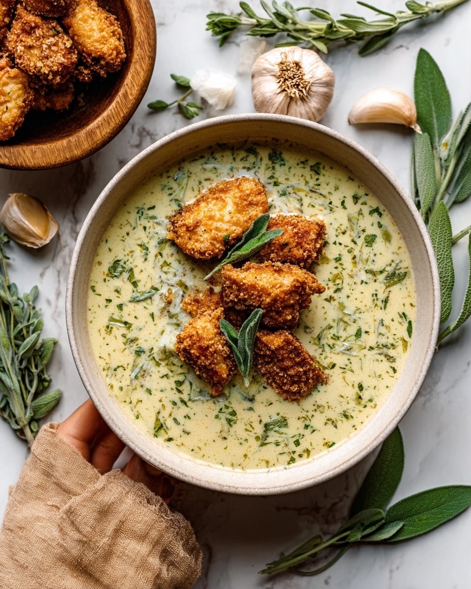 The image shows a white bowl filled with light green creamy sauce dotted with green herbs, topped with three pieces of golden-brown fried chicken placed in the center. The bowl sits on a white marbled surface with fresh sage leaves scattered around, along with whole garlic bulbs and cloves nearby. To the side, part of a wooden bowl with more fried chicken pieces can be seen. A woman’s hand is gently holding the edge of the bowl, adding a warm, natural touch to the scene. photo taken with an iphone --ar 4:5 --v 7