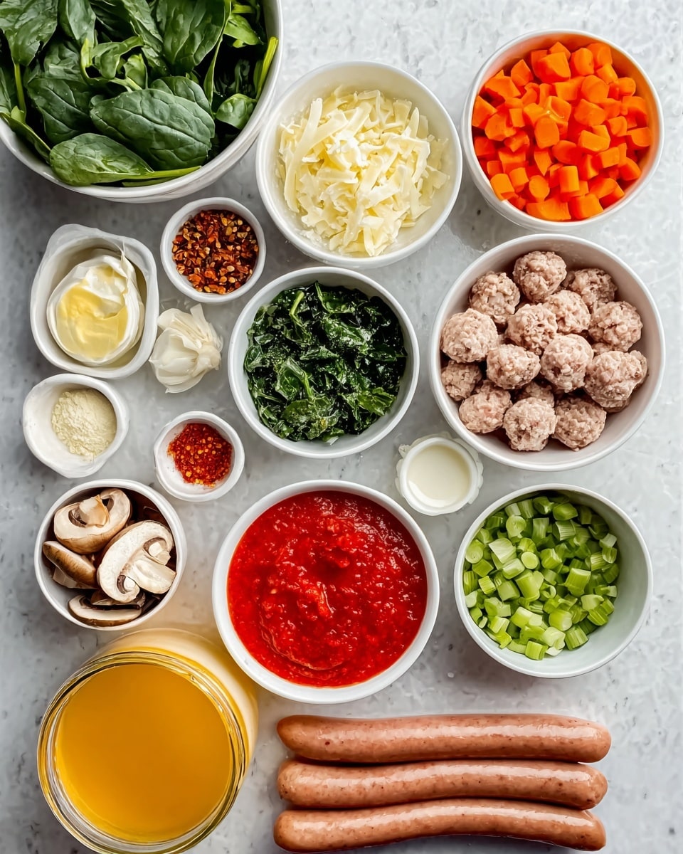 The image shows a white marble surface with several small white bowls arranged neatly, each containing a different ingredient. There are four raw sausages on one side, bright red tomato sauce in a bowl near the bottom right, and golden yellow chicken broth in a glass container at the bottom left. Other bowls hold chopped orange carrots, chopped celery, fresh green spinach leaves, chopped white onions, minced garlic, dried herbs, red chili flakes, cream, and roughly chopped mushrooms. The textures range from smooth liquid broth and sauce to crisp fresh vegetables and raw sausages. The overall layout is clean, organized, and colorful with layers of ingredients displayed clearly. Photo taken with an iphone --ar 4:5 --v 7