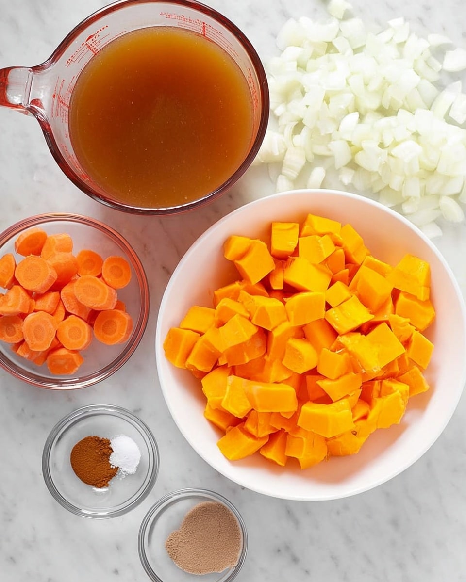 The image shows a top view of various cooking ingredients placed on a white marbled surface. In the center is a white bowl filled with bright orange chunks of cooked squash. To the upper left of the bowl, there are small, round slices of peeled carrots, light orange in color, spread loosely. To the right of the bowl is a pile of chopped white onions, small and evenly diced. In the upper right corner, a large clear glass measuring cup contains a brown liquid broth. Along the bottom edge of the image, three clear small glass bowls hold different spices: one with a ground brown spice, one with white salt crystals, and another with a fine cinnamon-colored powder. photo taken with an iphone --ar 4:5 --v 7