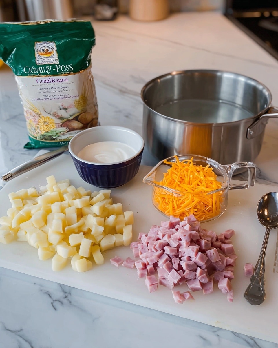 The image shows ingredients for a creamy potato soup arranged on a white cutting board set on a white marbled surface. In the front right, there is a pile of small, light yellow potato cubes, next to a stack of finely chopped pink ham. To the right of the ham, a clear measuring cup holds a bright orange pile of shredded cheddar cheese. Behind the ham and potatoes, a small white bowl with a dark blue rim contains a thick white cream. To the left, a large silver pot filled with water sits on the white marbled counter. In the background on the left side, a green package of creamy potato soup mix stands upright. A silver spoon lies to the right of the cutting board. The photo taken with an iphone --ar 4:5 --v 7