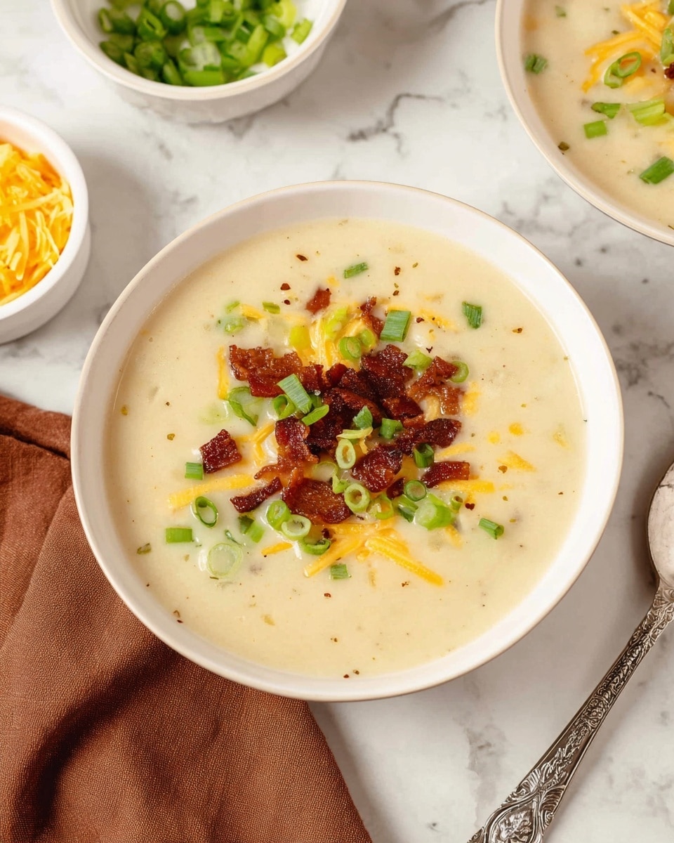 A white bowl filled with creamy, light beige soup topped with three visible layers: the highest layer has crispy, dark brown bacon pieces scattered in the center, surrounded by bright green chopped scallions, and small patches of melted yellow shredded cheese spreading gently on the soup surface. The soup has a smooth, slightly thick texture with tiny bits mixed in. The bowl sits on a white marbled surface next to a brown cloth and a decorative silver spoon. In the background, there are small white bowls with green scallions and yellow shredded cheese. Photo taken with an iphone --ar 4:5 --v 7