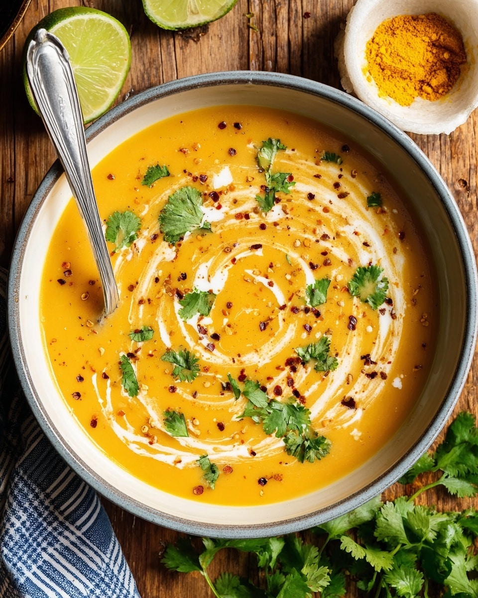 A white bowl with a gray rim holds bright orange creamy soup, swirled with white cream on top in a loose spiral pattern. The soup is sprinkled with small black and red pepper flakes and golden brown powder. Fresh green cilantro leaves are scattered evenly across the soup’s surface. A silver spoon rests inside the bowl on the left side. The bowl is placed on a wooden table next to a lime wedge, some cilantro leaves, a small white bowl filled with yellow powder, and a blue-striped cloth napkin. The photo taken with an iphone --ar 4:5 --v 7