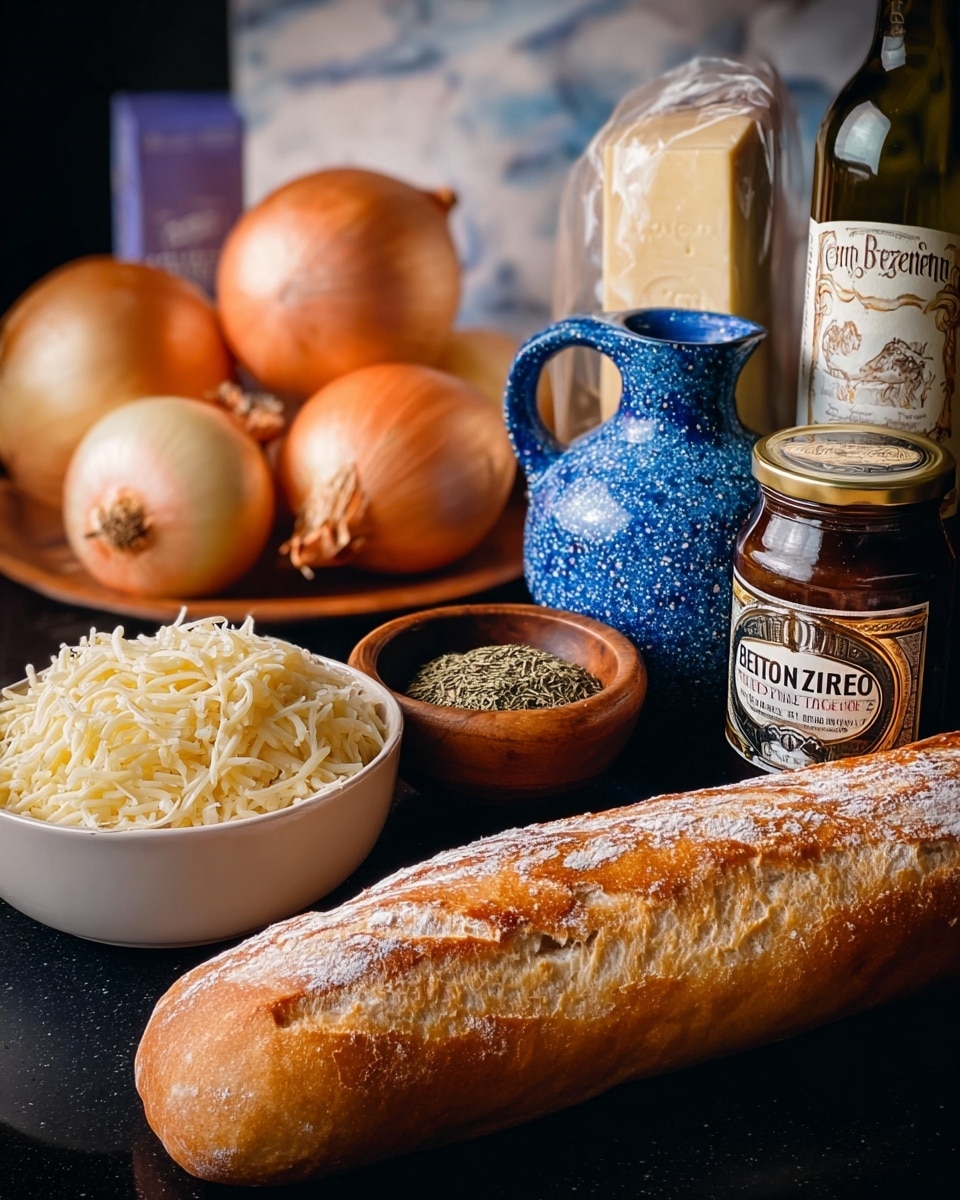 The image shows a group of cooking ingredients placed on a dark surface with a white marbled texture in the background. In the front, there is a long golden-brown loaf of bread with a dusted flour look. To the left, a white bowl filled with shredded pale yellow cheese is visible. Behind the bowl, three whole onions with light yellow and orange skin are stacked together. Next to the onions, a small brown wooden bowl holds dried green herbs. In the back, a blue and white speckled ceramic bottle with a handle stands near a jar of dark brown roasted beef base labeled