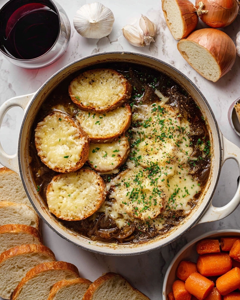 A white pot filled with French onion soup shows two main layers: on the left side, several round slices of toasted bread with light golden color and melted pale yellow cheese sprinkled with green parsley and black pepper; on the right side, soft, shredded dark brown caramelized onions mixed with broth and topped with melted cheese and parsley. Around the pot, there are sliced baguette pieces, a glass of dark red wine, a bulb of garlic, whole onions, and a white bowl with roasted orange carrots on a white marbled surface. Photo taken with an iphone --ar 4:5 --v 7