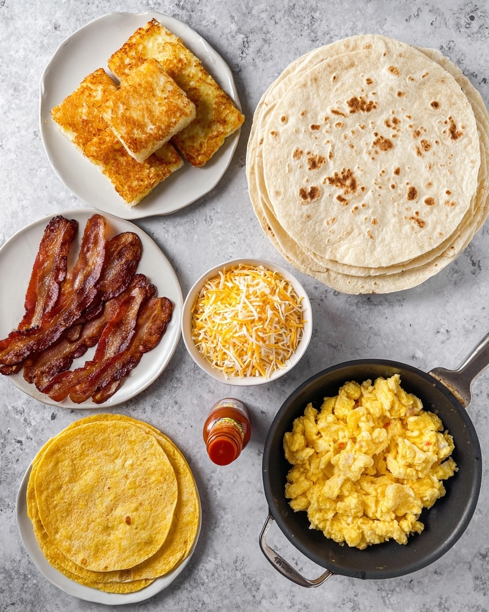 The image shows several breakfast items arranged on a white marbled surface. Starting from the top left, there is a white plate with three golden hash browns, crispy and rectangular. Below it, there is a stack of large white flour tortillas with light brown spots. In the middle, there is a small white bowl filled with mixed shredded cheese in pale yellow and white colors. To the right of the cheese, a black pan holds fluffy, soft yellow scrambled eggs. Below the eggs, there is a white plate with several strips of well-cooked, reddish-brown crispy bacon. Finally, in the bottom left corner, a white plate holds several yellow corn tortillas stacked. A small bottle of hot sauce stands near the middle between the cheese and hash browns. photo taken with an iphone --ar 4:5 --v 7