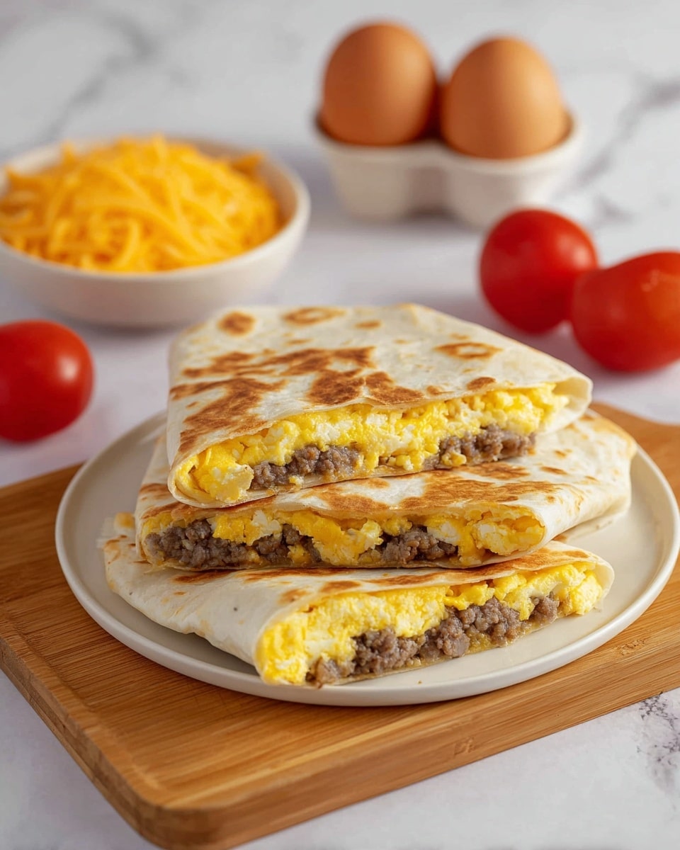 A white rectangular plate on a wooden board holds two breakfast quesadillas. One quesadilla is whole with golden-brown grilled marks on its folded white tortilla, and the other is cut in half to show three visible layers: the top and bottom layers of fluffy yellow scrambled eggs, with a middle layer of cooked ground meat in grayish-brown color. In the background, there is a small white bowl filled with shredded yellow cheese, two brown eggs, and bright red cherry tomatoes on the white marbled surface. Photo taken with an iphone --ar 4:5 --v 7