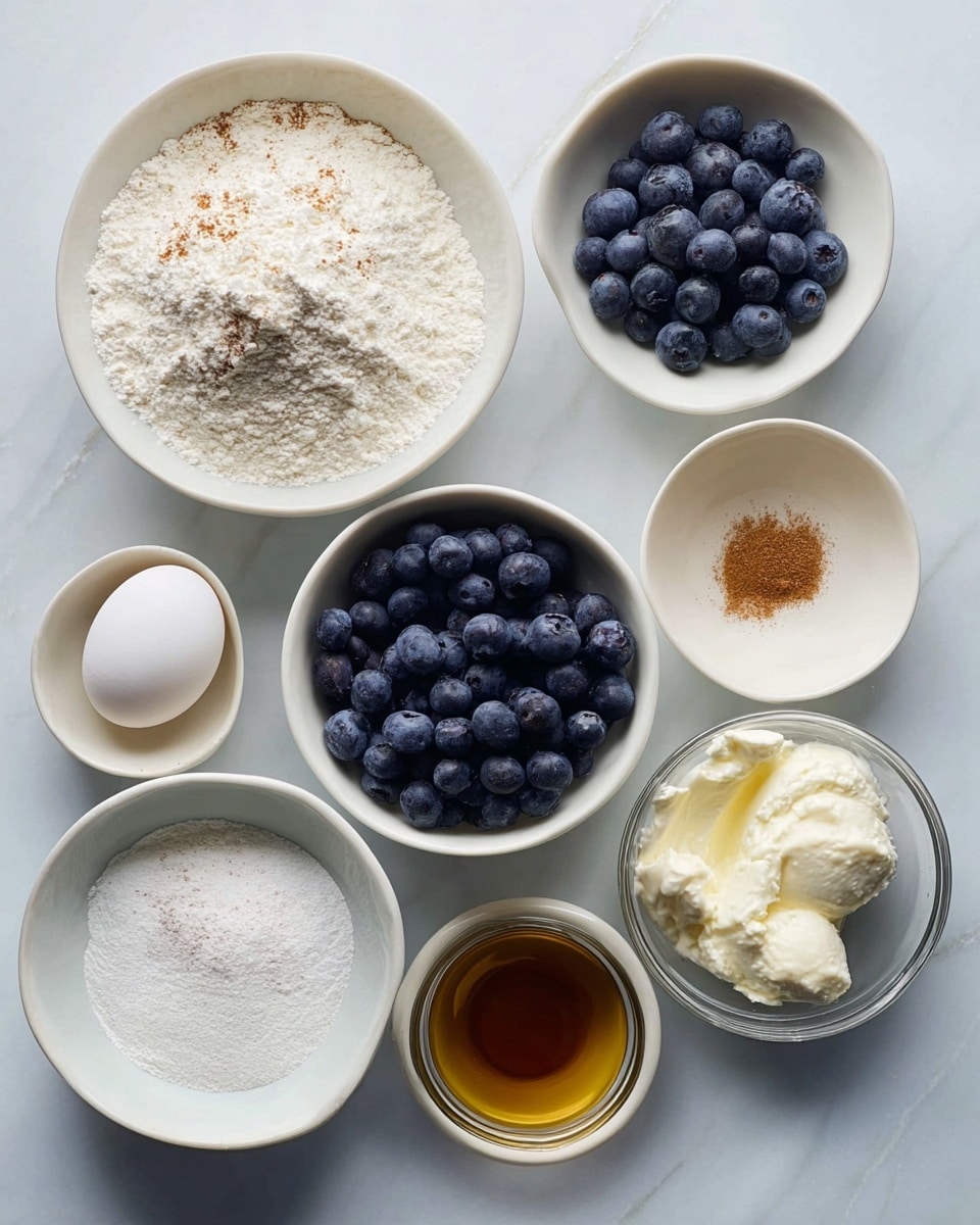 Seven small white bowls and one small clear glass bowl are arranged on a white marbled surface. The bowls contain different ingredients: one has a heap of white flour with some brown spice on top, another holds fresh, round, dark blue blueberries, a third has a raw white egg, and a fourth contains a creamy white wet ingredient with some lumps. One bowl is filled with a fine white powder, another has a dark golden liquid, and a small white bowl is filled with white powder with a small amount of brown spice. The clear glass bowl contains a white liquid. All bowls are placed closely together forming a loose circle. photo taken with an iphone --ar 4:5 --v 7