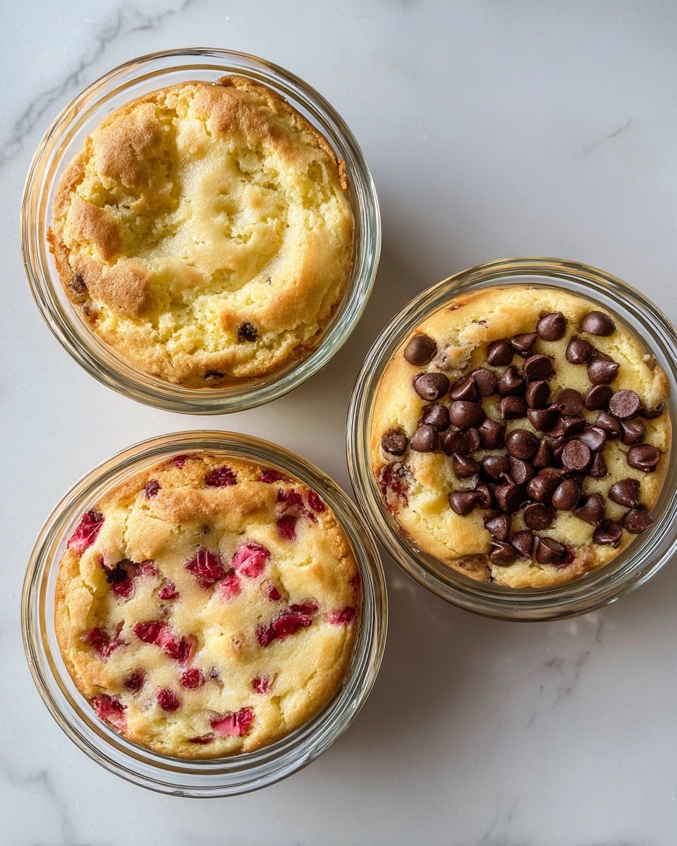 Three small round glass bowls hold freshly baked cake-like desserts placed on a white marbled surface. The top left bowl contains a plain golden brown baked cake with a soft, uneven cracked surface showing a light yellow interior. The top right bowl contains a similar cake but topped with many dark brown chocolate chips scattered unevenly, some melted slightly into the surface. The bottom bowl holds a cake with small pieces of red fruit mixed throughout, creating a textured appearance with red spots contrasting against the golden crust. Soft light falls across the bowls, highlighting the fluffy texture of the cakes. photo taken with an iphone --ar 4:5 --v 7