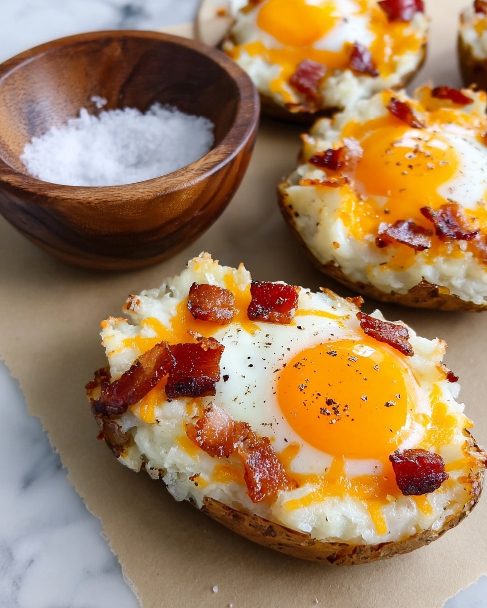 The image shows three small potato halves topped with layers of mashed potato, melted yellow cheddar cheese, cooked bacon strips, and a sunny side up egg with a bright orange yolk in the center. The mashed potato layer is creamy white with a slightly rough texture around the edges, while the bacon is crispy and reddish-brown. Melted cheese is scattered unevenly on top, adding a bright orange contrast. Each egg has tiny black pepper specks on the white and yolk. The potato halves are placed on a light brown paper on a white marbled surface, next to a wooden bowl filled with coarse salt. Photo taken with an iphone --ar 4:5 --v 7