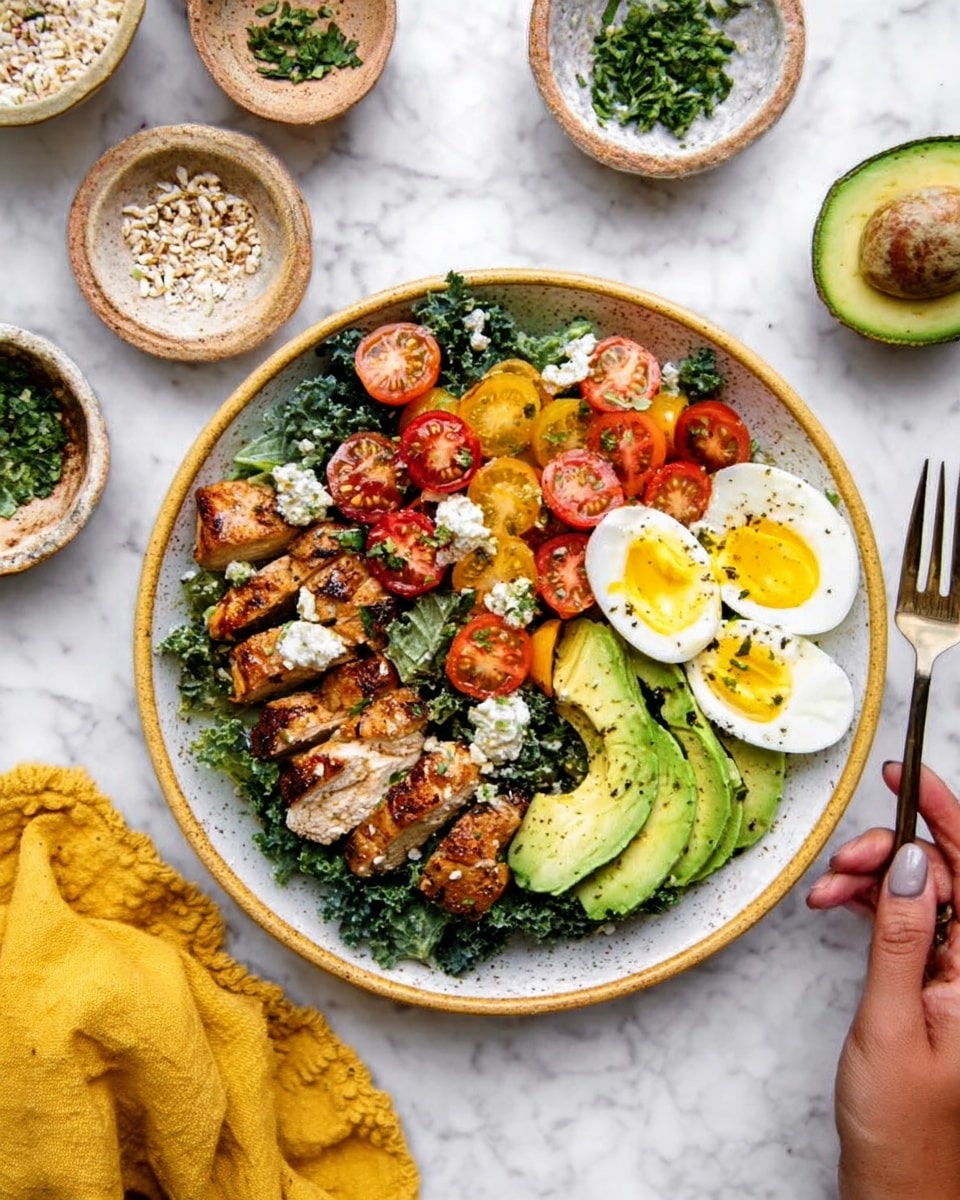 A white plate with a round golden rim holds a fresh and colorful salad arranged in layers. At the bottom, there is a bed of green kale leaves with a rough texture. On top of this layer, evenly spread slices of bright orange cherry tomatoes and small pieces of brown grilled chicken with a slightly charred surface. On the right side of the plate, there are two halves of a hard-boiled egg with a pale yellow yolk. Slices of green avocado with smooth texture are placed next to the eggs, slightly overlapping them. Small white and black seeds are sprinkled lightly over the dish. A white marbled surface holds the plate, with parts of a yellow cloth and various small bowls with herbs and grains around it, and a woman’s hand gently reaching towards the plate. photo taken with an iphone --ar 4:5 --v 7