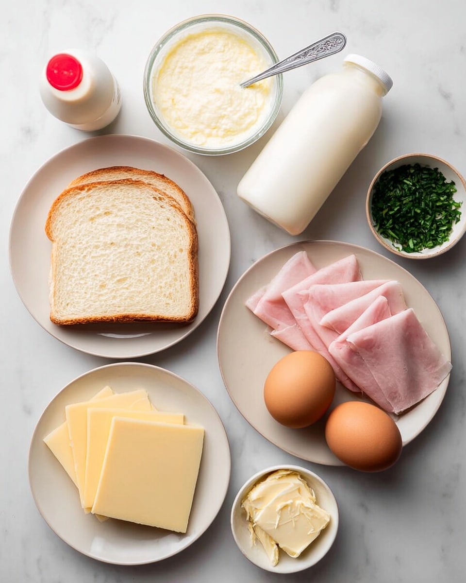The image shows ingredients neatly arranged on a white marbled surface. In the center, there is a white plate with one slice of white bread. To the right of the plate, a cream-colored plate holds two brown eggs. Above the bread, there is a small glass bowl filled with thick white sauce and a spoon inside. Next to it is a white bottle with a red cap. To the left of the bread, there is a white plate with three slices of pale yellow cheese. Above this, a white plate holds three thin slices of pink ham. Away from the plates, there are two small bowls; one contains chopped green herbs and the other softened butter, both placed on white plates. The composition is clean and organized, highlighting the ingredients separately. photo taken with an iphone --ar 4:5 --v 7
