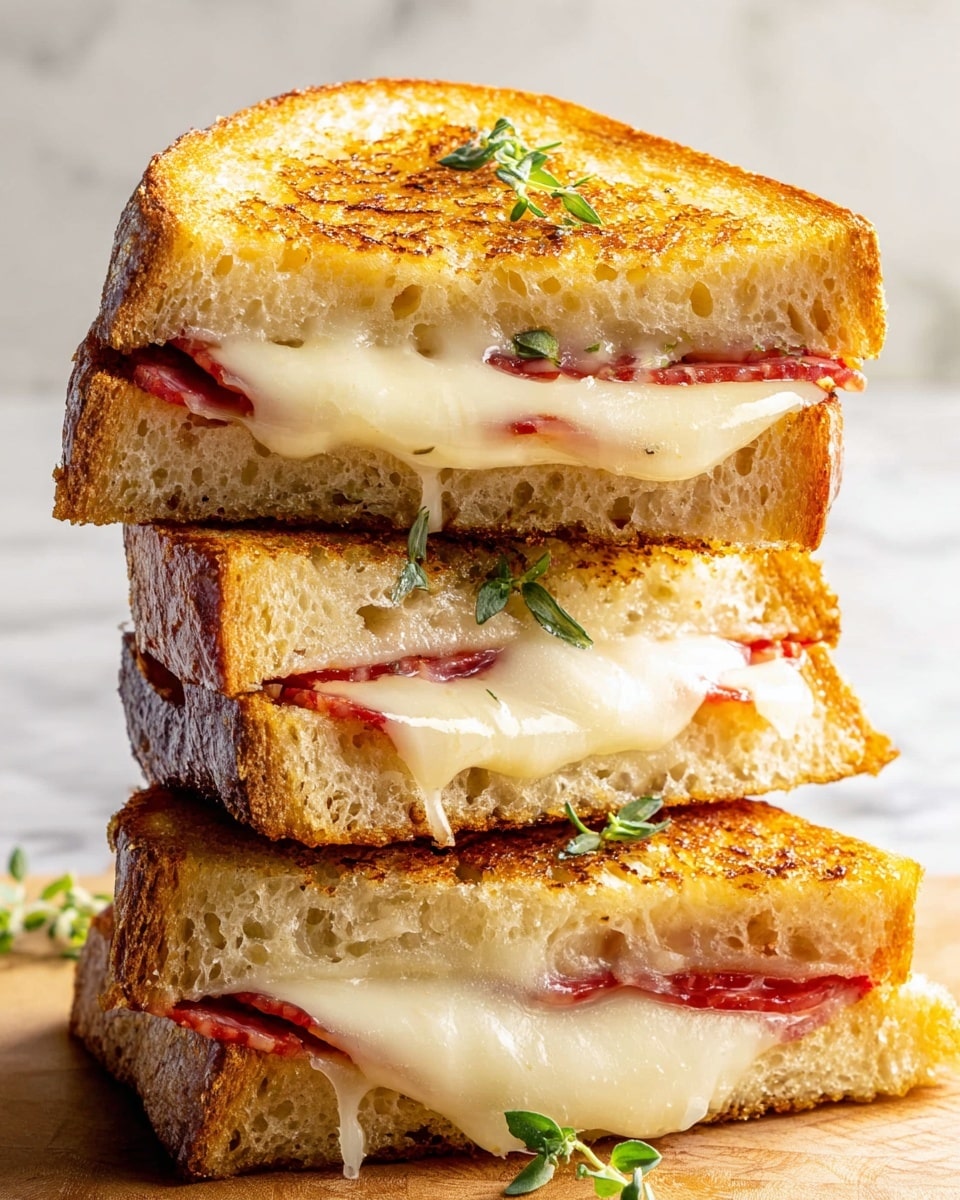 The image shows a tall stack of three grilled cheese sandwiches, each sandwich cut into a triangle and positioned to reveal layers inside. Each sandwich has two thick, golden brown toasted bread slices on the top and bottom, with a slightly crispy texture dotted with small holes. Between each bread layer, there is a creamy melted cheese layer in an off-white color, stretching slightly between the bread slices. Beneath the cheese, there is a layer of reddish cured meat, thin slices peeking out from the edges. Small green herb leaves are scattered on the sandwiches, adding a pop of color. The stack is set against a white marbled surface with soft natural light highlighting the textures. photo taken with an iphone --ar 4:5 --v 7
