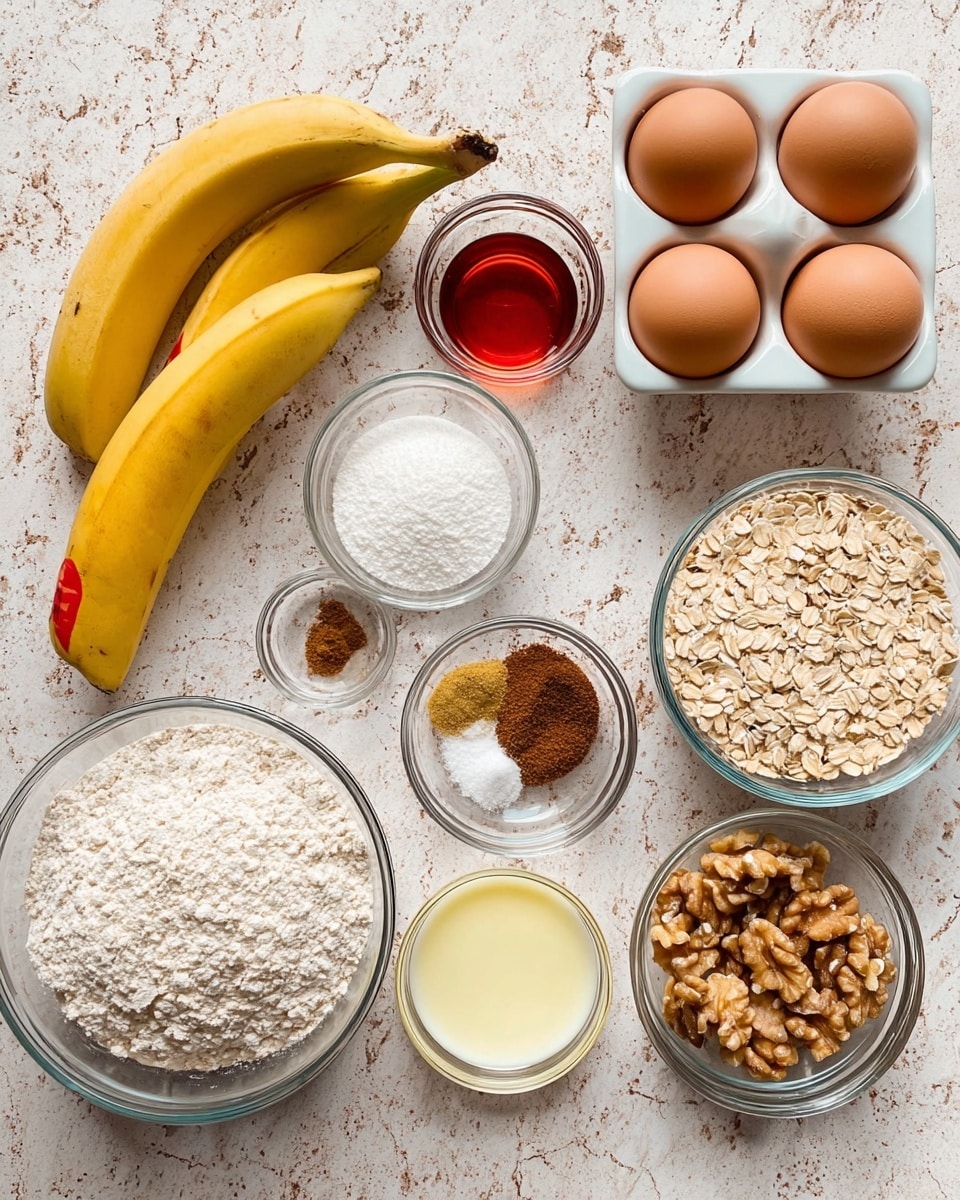 The image shows several clear glass bowls and a white egg holder arranged on a white marbled texture surface. There are two yellow bananas with red tips on the left side, beside a brownish-red liquid in a small glass bowl. Above that is a white egg holder containing four brown eggs. To the right of the eggs, there is a small clear bowl filled with white powder and another small white bowl holding two types of brown spices. Below these, there is a glass bowl with white flour and another with walnut pieces. On the right side, there is a medium glass bowl filled with rolled oats and another small glass bowl with golden oil, along with a slightly larger glass bowl of creamy liquid. The ingredients are spaced out neatly and lit with soft natural light. photo taken with an iphone --ar 4:5 --v 7