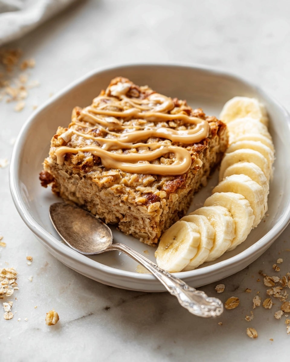 A thick rectangular slice of baked oatmeal sits in a white bowl with a vintage silver spoon resting beside it. The baked oatmeal is light brown with visible oats and small chopped nuts mixed throughout, and drizzled with a creamy nut butter on top. Next to the baked oatmeal is a neat row of fresh banana slices showing their soft cream-yellow color. The bowl is placed on a white marbled surface with some oatmeal crumbs scattered around. photo taken with an iphone --ar 4:5 --v 7