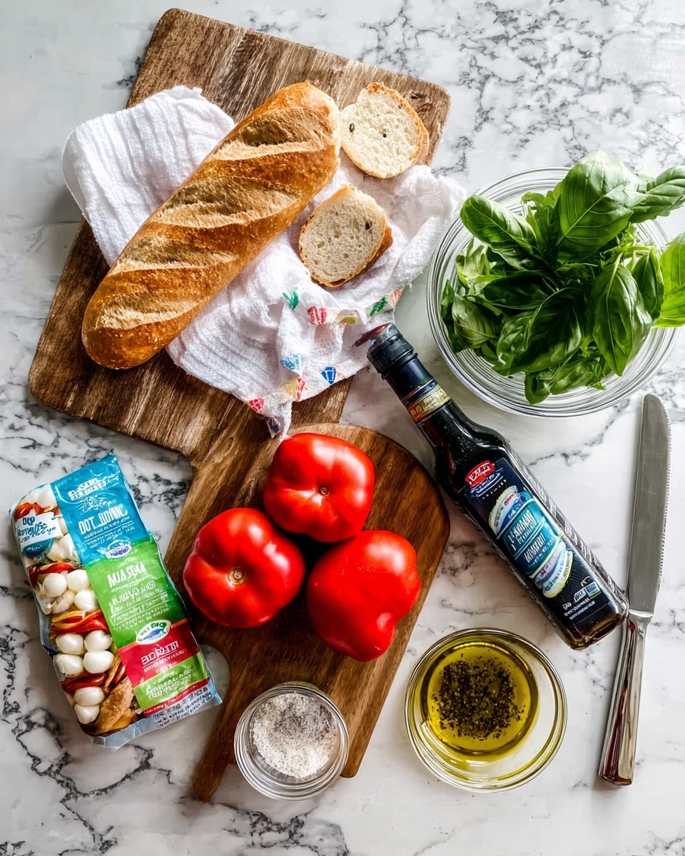 The image shows fresh ingredients arranged on a white marbled surface. In the center, a white cloth holds three whole red tomatoes and a package of sliced fresh mozzarella cheese with colorful labels. To the left, there is a rustic wooden cutting board with a long piece of crusty baguette placed on a white cloth, next to a small clear glass bowl filled with fresh green basil leaves. Beside the basil, a bottle of dark balsamic glaze lies diagonally. Below, two small containers of seasoning are visible: one with white garlic powder and the other with blue-labeled sea salt. To the right of the tomatoes, there is a small clear bowl with golden olive oil mixed with herbs. A silver butter knife is placed on the surface near the top-right corner. photo taken with an iphone --ar 4:5 --v 7