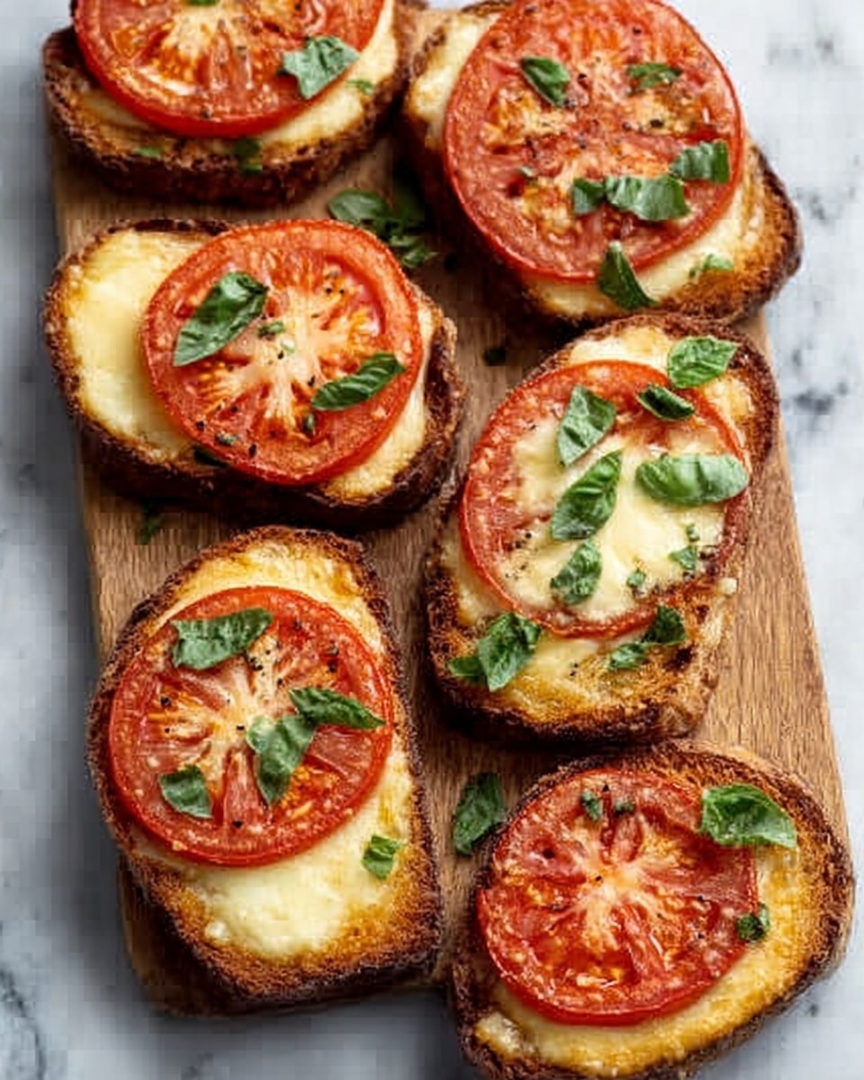 The image shows seven pieces of golden-brown toasted bread arranged on a wooden board over a white marbled surface. Each toast slice is topped with a layer of melted cheese that looks smooth and creamy. On top of the cheese, there is a thick tomato slice in the center, which has a vibrant red color with seeds visible. Small green basil leaves are scattered on each toast piece, adding a fresh and slightly glossy texture. The toasts have slightly crisp edges and a soft middle layer. Photo taken with an iphone --ar 4:5 --v 7
