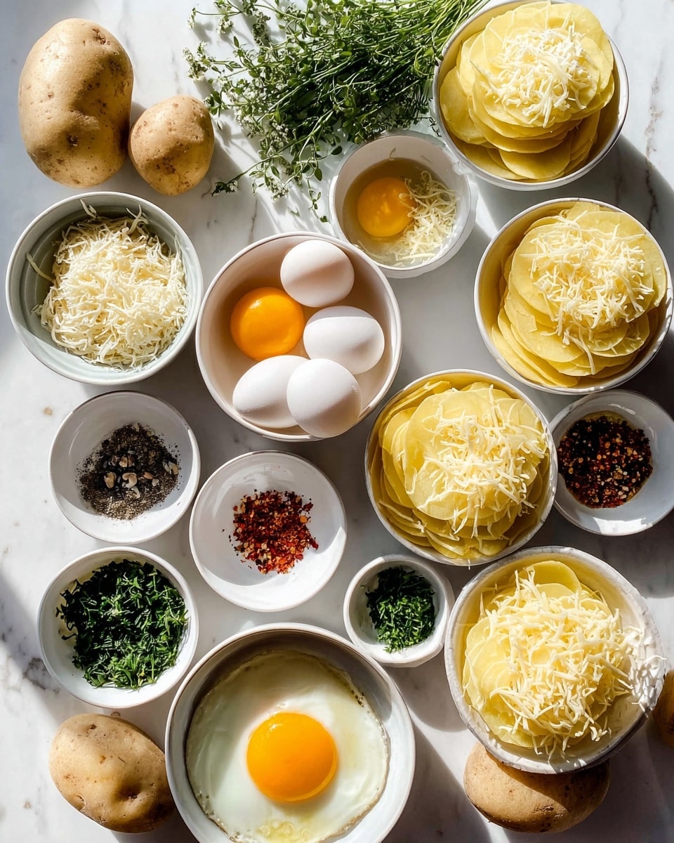 A collection of small white bowls arranged on a white marbled surface, each containing ingredients for a dish. There are layers of thin yellow potato slices stacked neatly in multiple bowls, some topped with finely shredded pale yellow cheese. One bowl has a fried egg with a bright yellow yolk and white outer edges. Others contain whole eggs, cracked eggs with yolks and whites separated, and some spices like black pepper and red chili flakes. Small bowls hold finely chopped green herbs and grated pale yellow garlic mixed with oil. A few whole potatoes and fresh green herb sprigs rest nearby. The setup is brightly lit with natural light creating soft shadows. Photo taken with an iphone --ar 4:5 --v 7