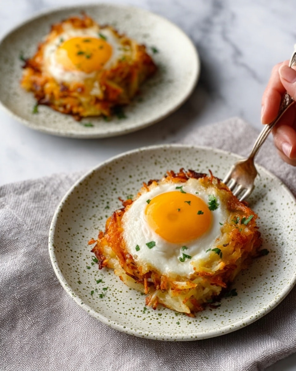 The image shows two servings of a layered savory dish on white plates with green speckles, placed on a light grey cloth over a white marbled surface. Each dish has a bottom layer of cooked ingredients that look like shredded potatoes or hash browns, browned and crispy. On top of that is a fried egg with a slightly runny bright yellow yolk in the center, surrounded by white cooked egg whites. Small green herb bits are sprinkled over the egg and around the plate edges, adding a fresh touch. A woman's hand holding a fork is near one plate, suggesting the dish is ready to eat. Photo taken with an iphone --ar 4:5 --v 7
