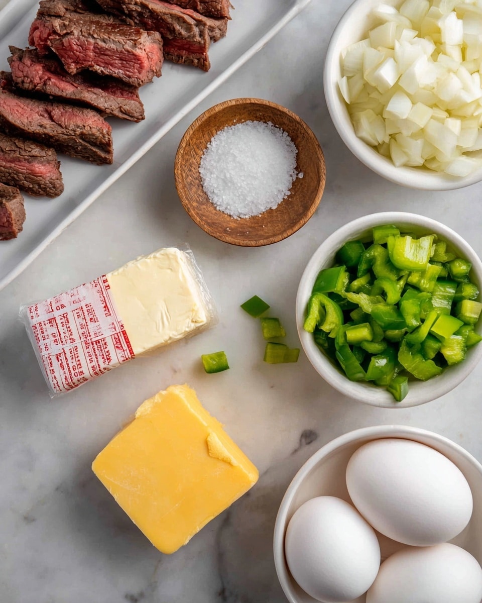 The image shows ingredients neatly arranged on a white marbled surface. There are four white eggs in a white dish at the bottom right. To the left of the eggs is a small white bowl filled with chopped white onions. Above that is a small wooden bowl containing coarse salt. Near the center of the image is a wrapped stick of butter with red and white measurements marked on the paper, placed next to a small block of yellow cheddar cheese. At the top right, there is a white bowl filled with chopped green bell peppers. To the left of that bowl is a rectangular white dish with slices of cooked, brownish-red steak. Some chopped green peppers are scattered loosely around the bowls. The photo taken with an iphone --ar 4:5 --v 7