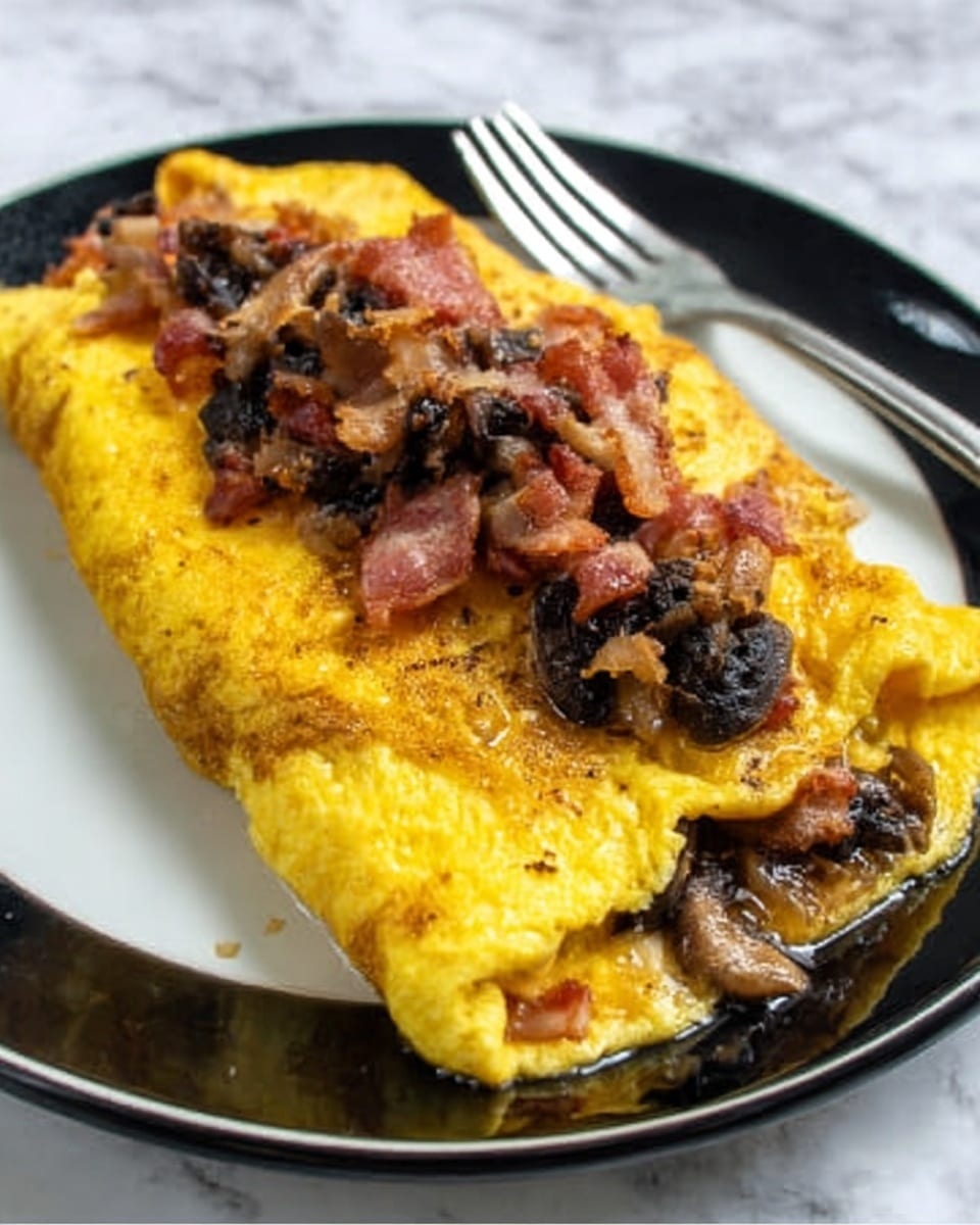 The image shows a folded yellow omelette placed on a white plate with a shiny black rim. On top of the omelette, there is a mix of cooked bacon pieces and small dark brown mushrooms. The bacon looks crispy with some pink and reddish shades, while the mushrooms have a soft texture and clustered appearance. The omelette looks fluffy and thick, with visible folds and a smooth surface underneath the toppings. The background is a white marbled surface, and a metallic fork is placed near the plate on the right side. photo taken with an iphone --ar 4:5 --v 7